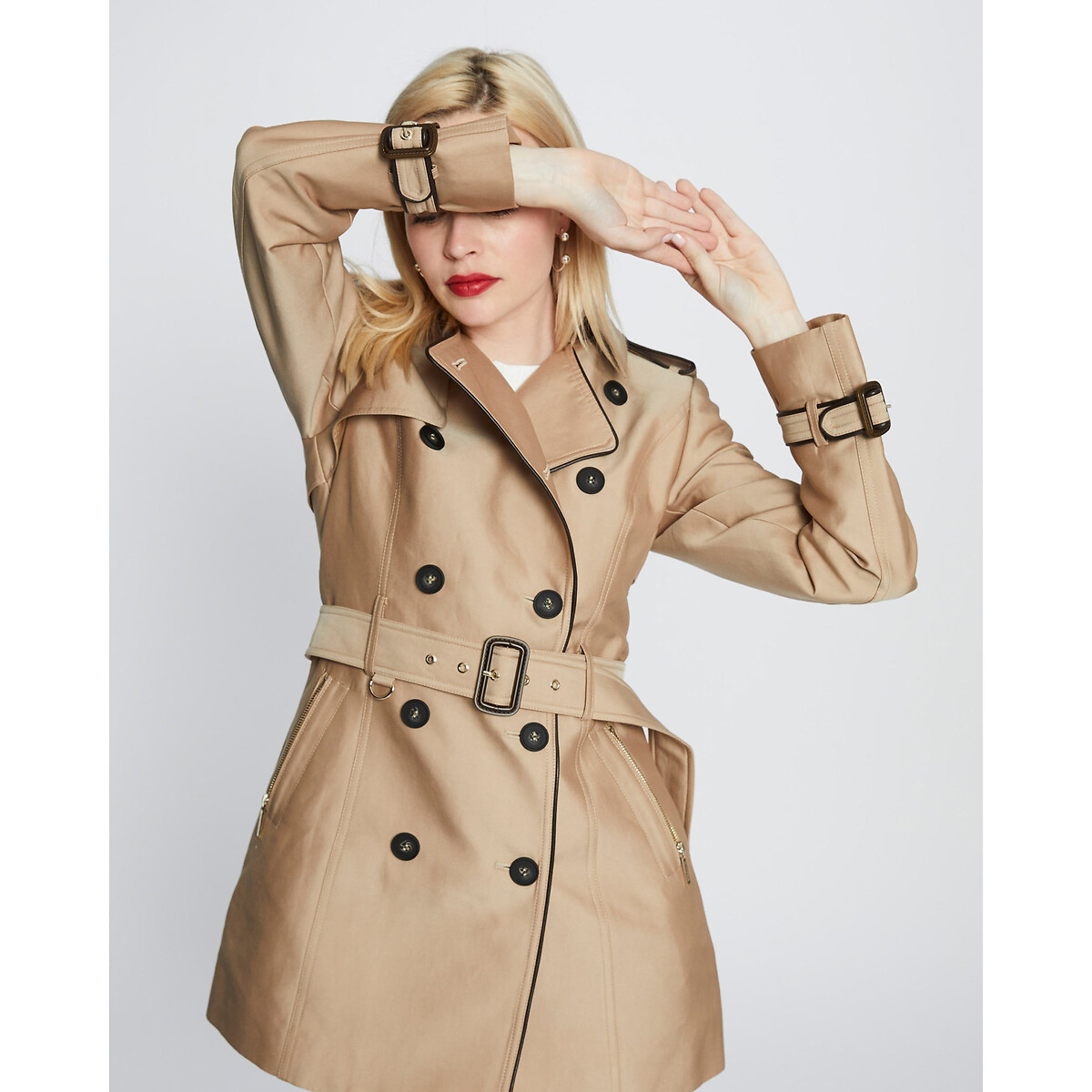 Trench boutonné mi-long avec ceinture beige, MORGAN
