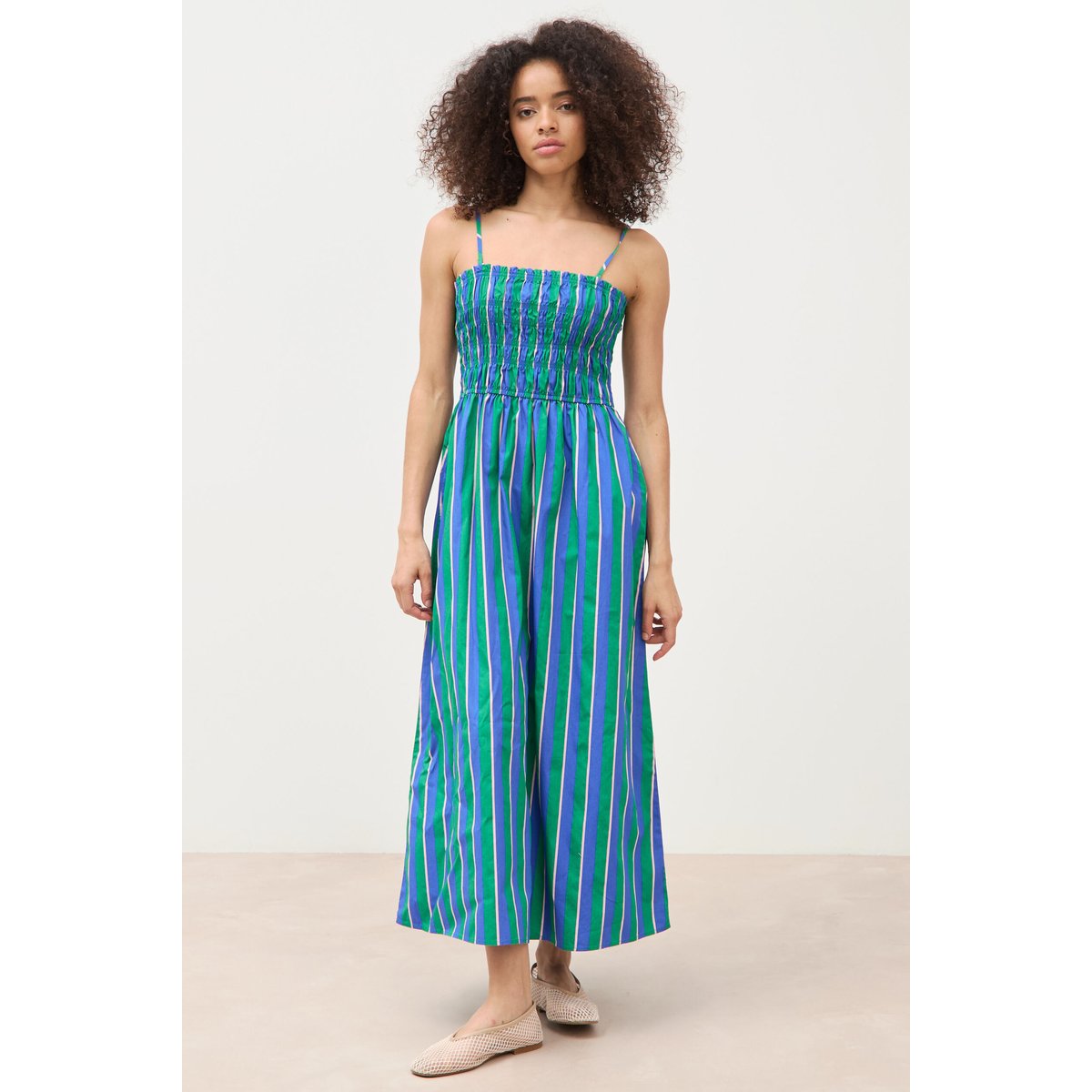 Robe bretelles col carré en coton bleu, BONOBO
