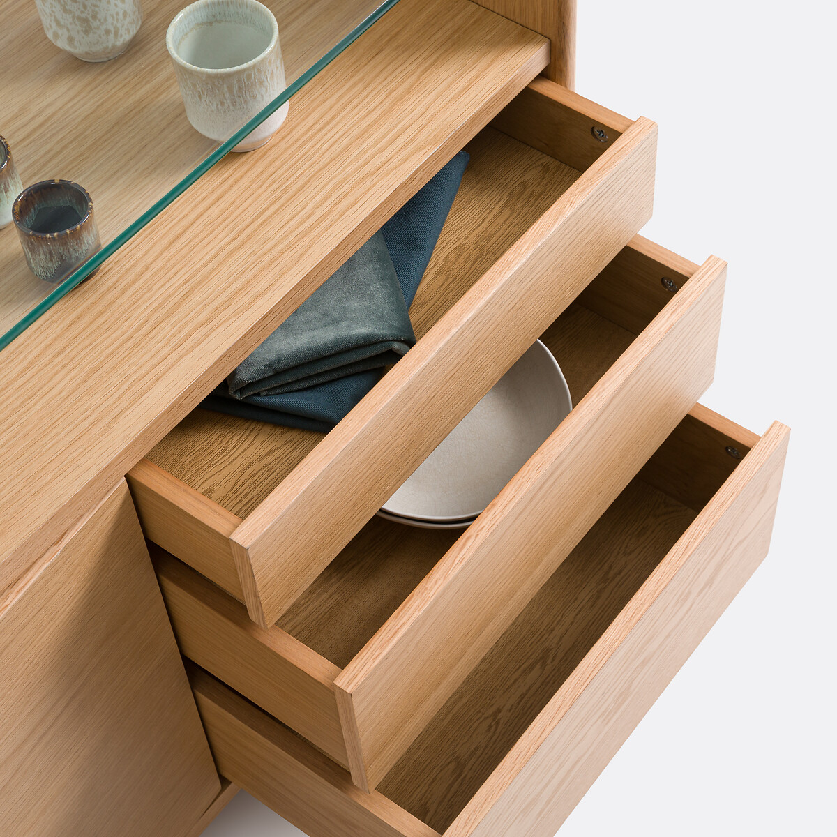 Buffet en plaqué chêne, plateau en verre trempé, 2 portes et 3 tiroirs, ERICSON coloris chêne, LA REDOUTE INTERIEURS