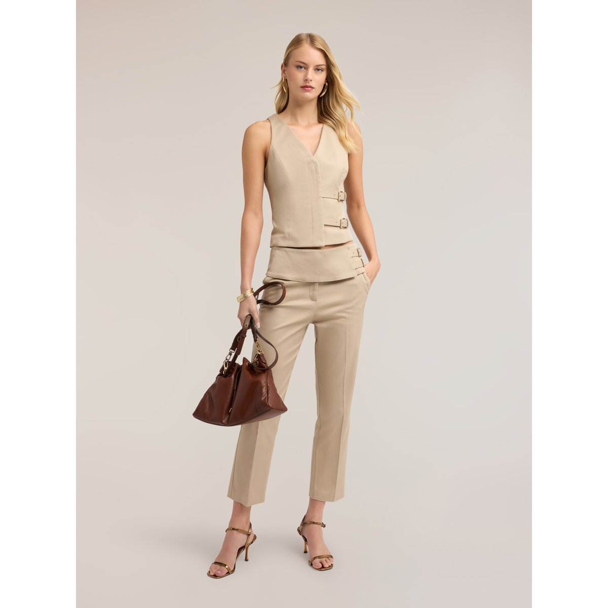 Pantalon regular avec empiècement et double ceinture beige, MOTIVI