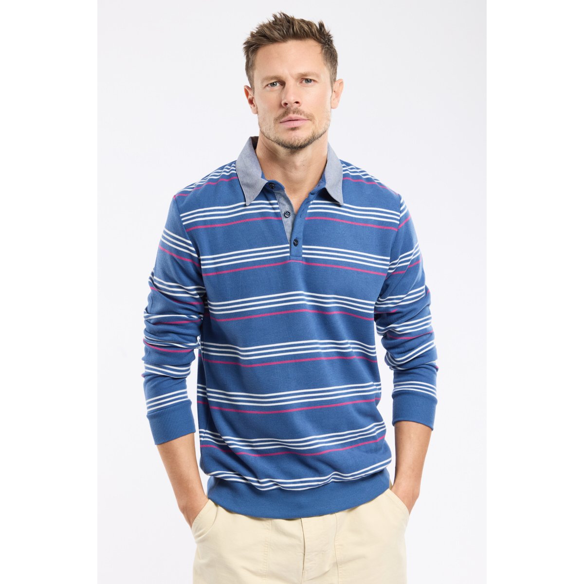 Sweat col polo Bérac jean brut/slate rose/ecru, GUY DE BERAC