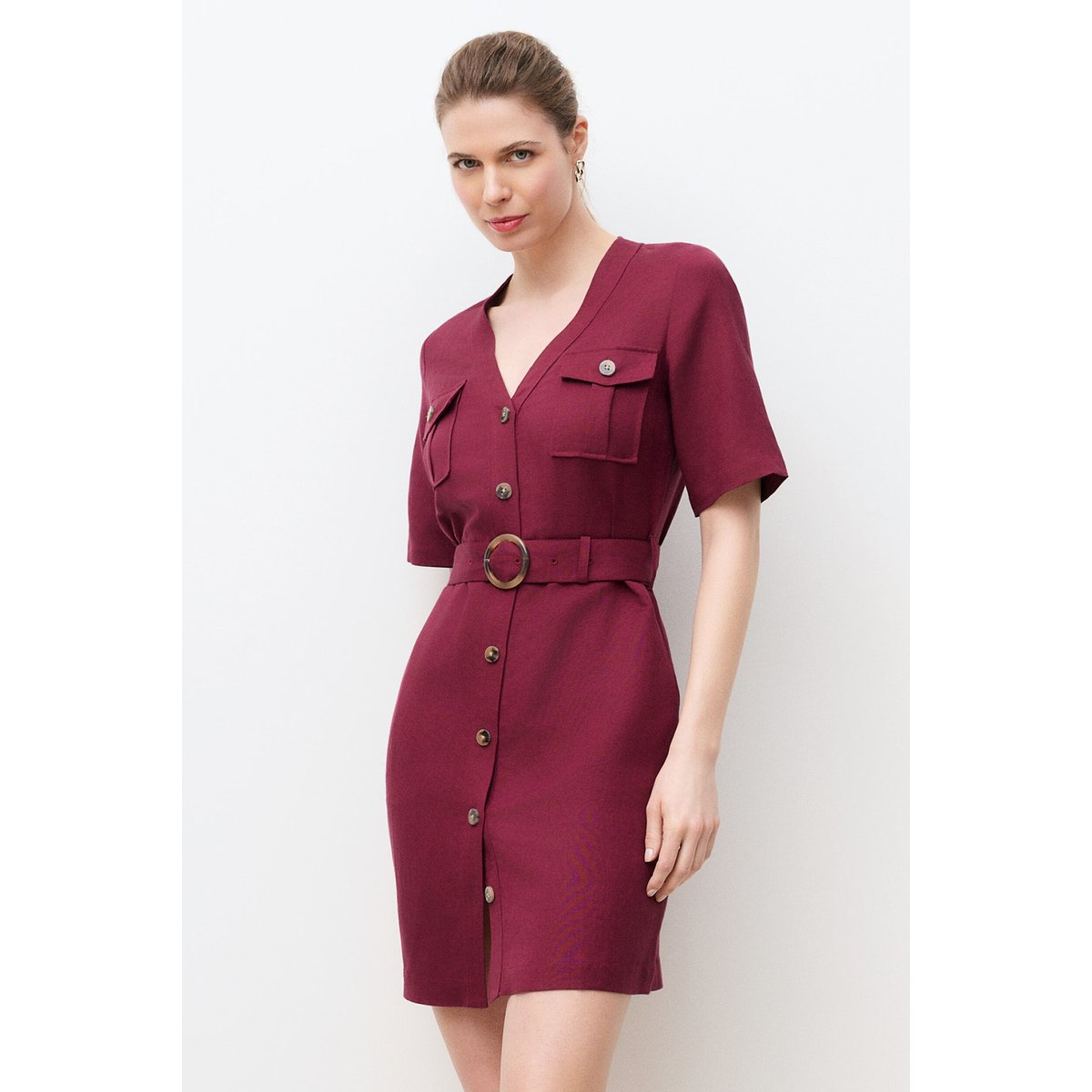 Robe droite col v lin RARE bordeaux, CAROLL