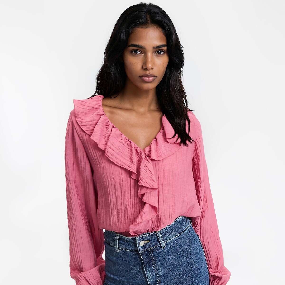 Ruffled Long Sleeve V-Neck Blouse dusty pink, LA REDOUTE COLLECTIONS