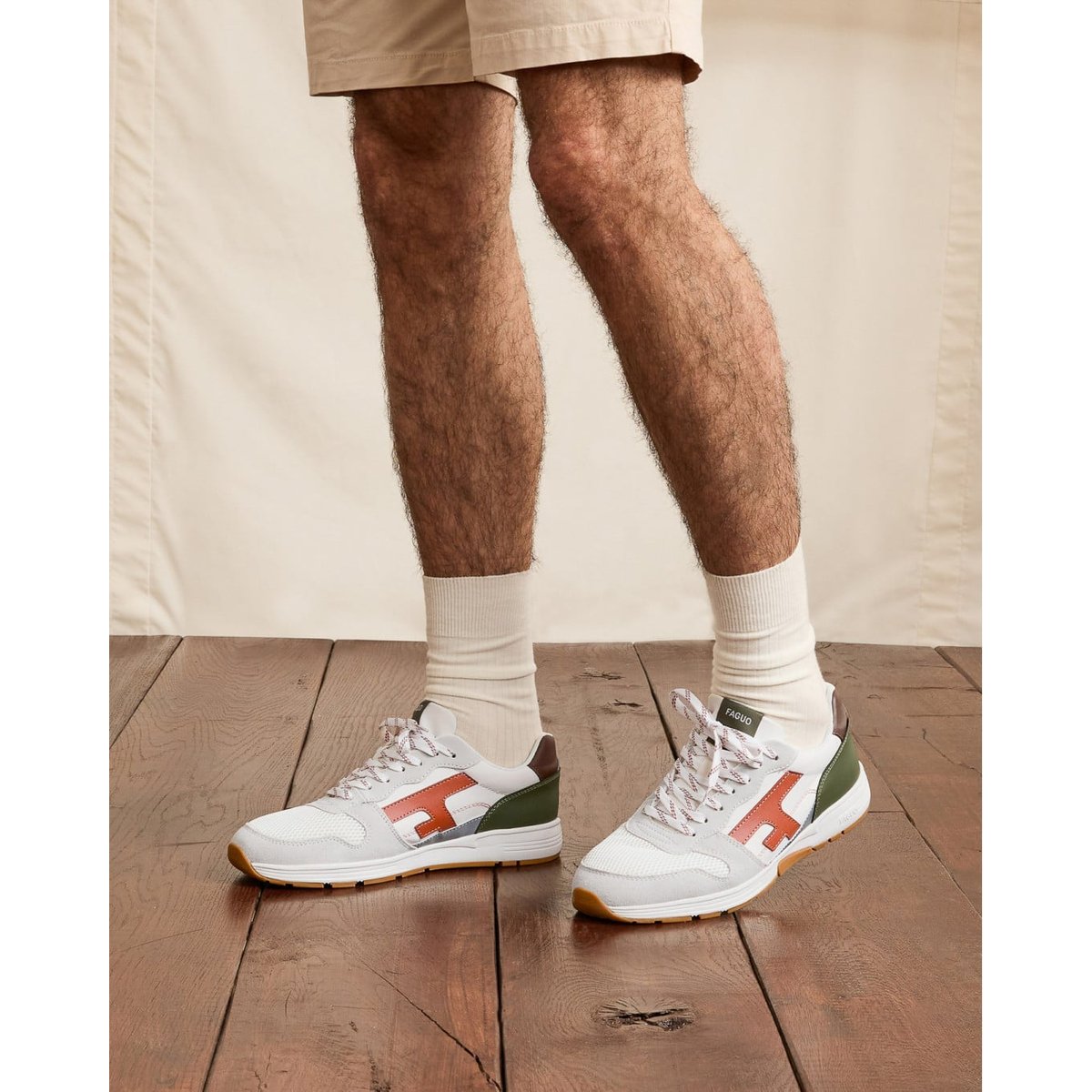 Running tissu suede OLIVE blanc et terracotta et kaki, FAGUO