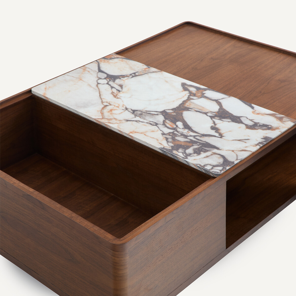 Mesa de centro de chapa de nogal y cerámica, CUADRO, diseño de Emmanuel Gallina nogal, AM.PM X EMMANUEL GALLINA