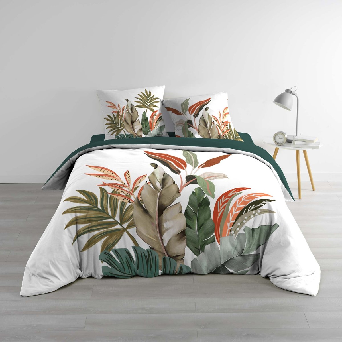 Parure de lit 3 pièces 100 % coton imprimé à motif tropical housse + taies vert, DOUCEUR D'INTÉRIEUR