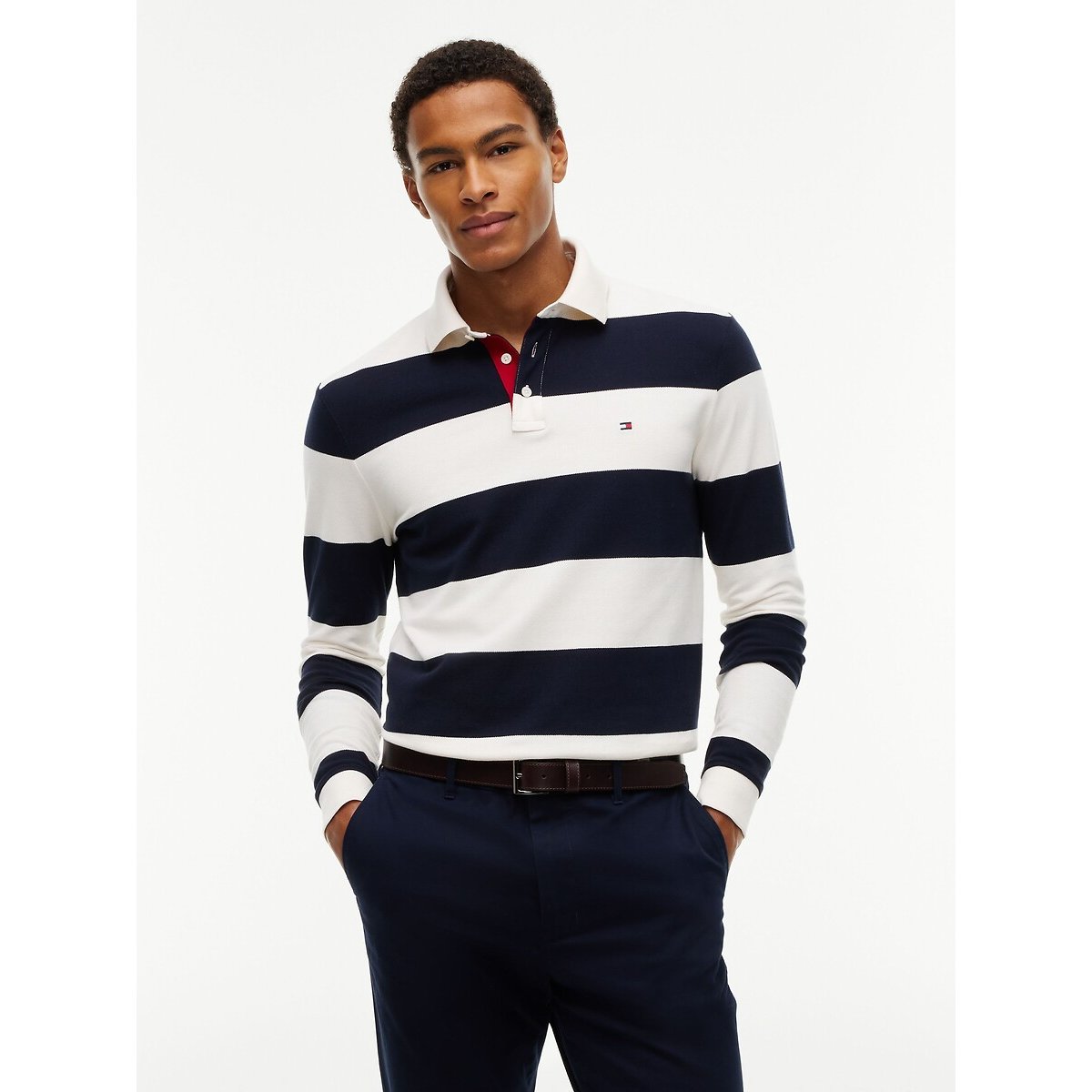 Polo manches longues bleu marine/écru, TOMMY HILFIGER