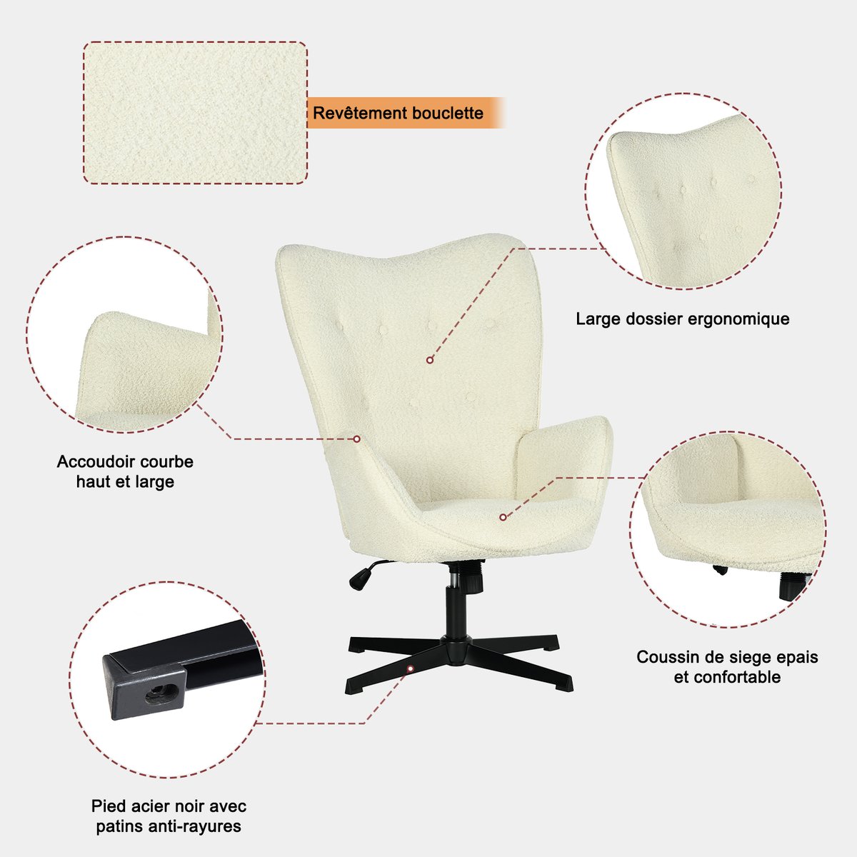 Ensemble de bureau d’angle rotatif avec portes rotin et chaise de bureau, DICCPERNFUCHS blanc, MEUBLES COSY