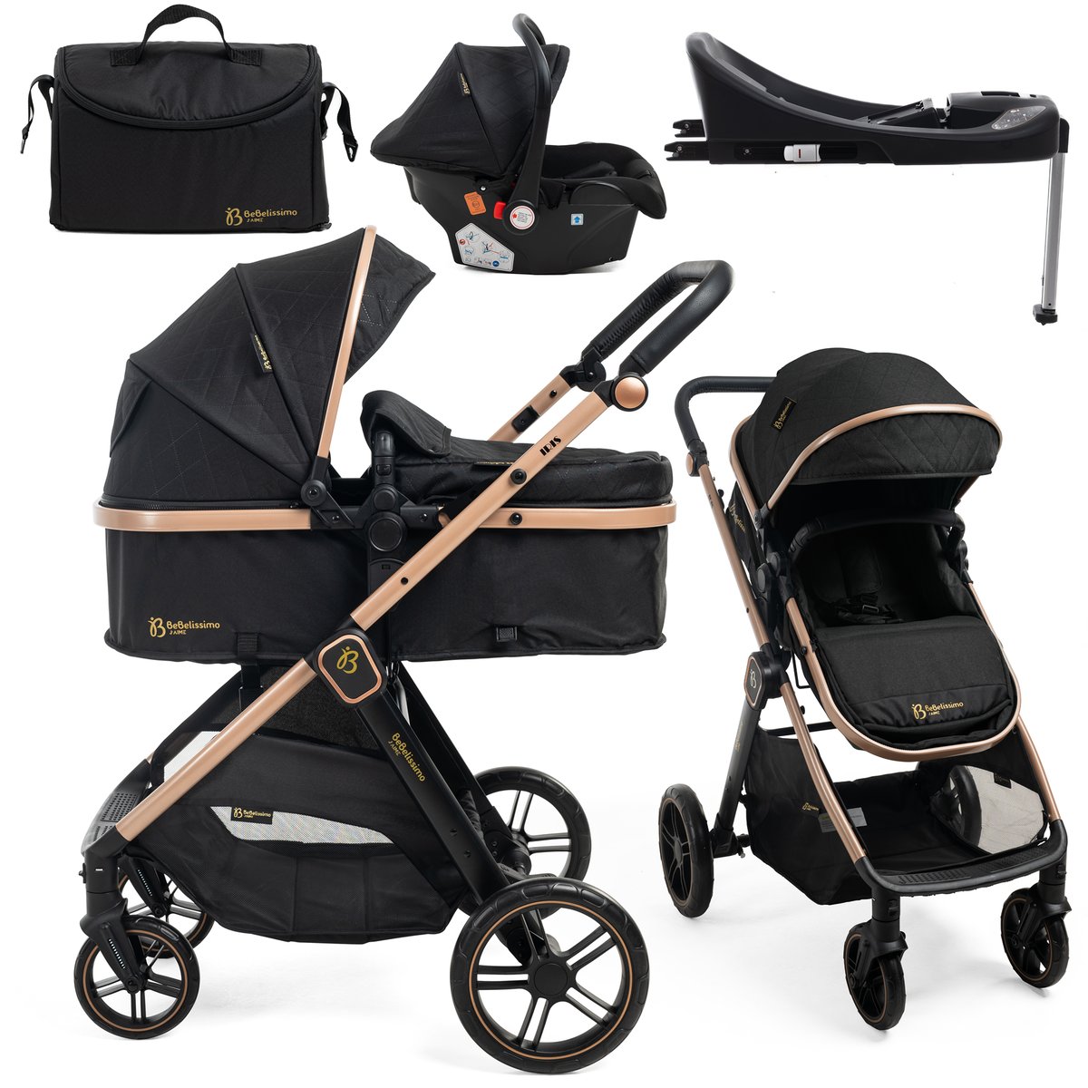 Poussette combinée trio 3 en 1 - siège auto 0+ IRIS – nacelle – base Isofix - jambe de force – jusqu’à 22kg - noir couleur unique, BEBELISSIMO J'AIME