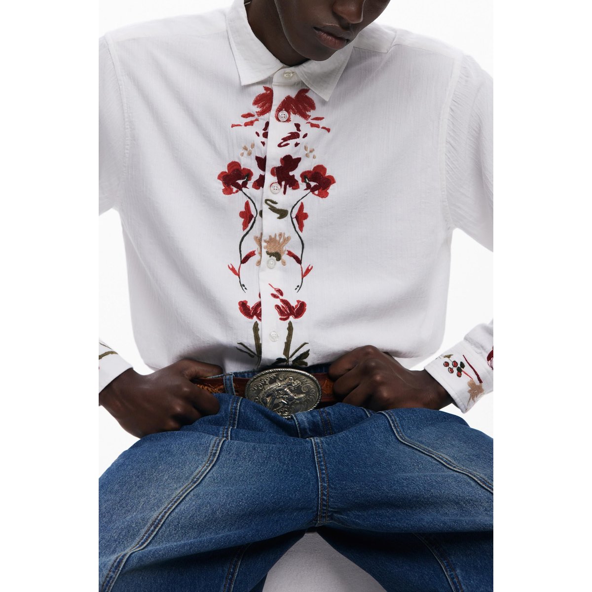 Chemise à manches longues brodée de fleurs blanc, DESIGUAL