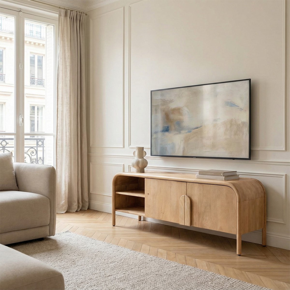 Meuble TV 2 portes en bois massif L150cm- BALI bois clair, DRAWER