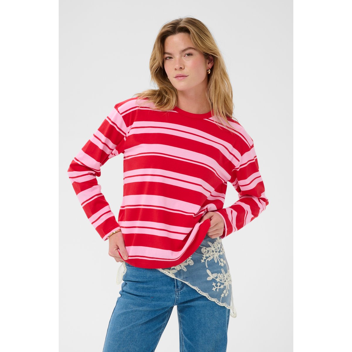 T-shirt à manches longues rouge rose true red/pink stripes, KAFFE