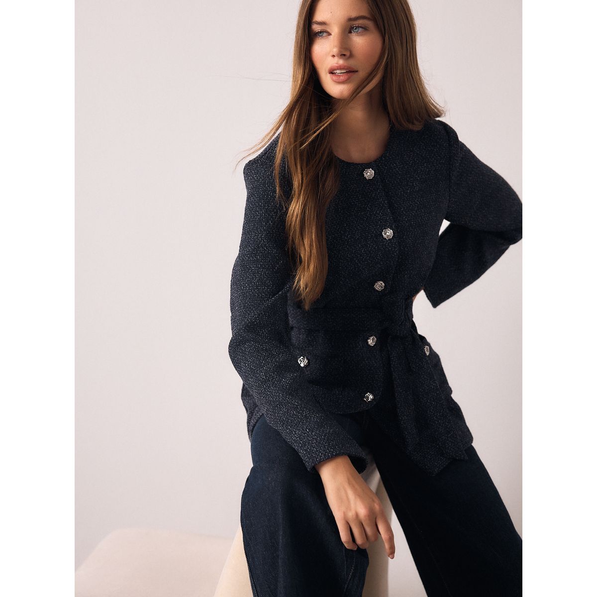 Veste bouclée mouchetée à ceinture bleu marine, NEXT