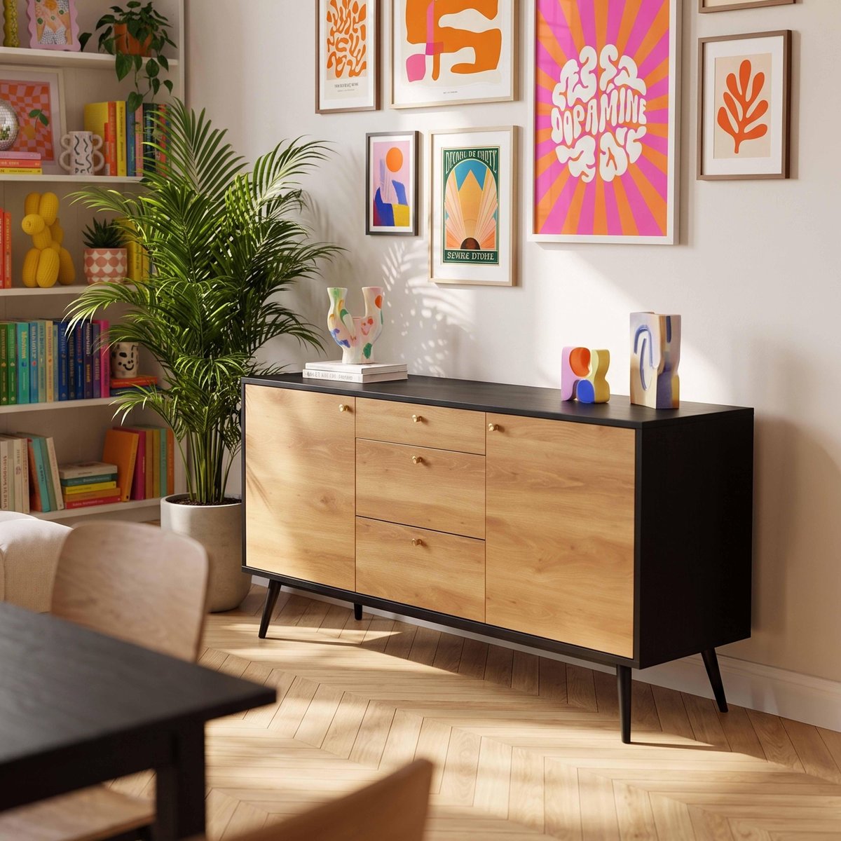 Buffet scandinave effet bois clair 2 portes 3 tiroirs 150 cm, MILO noir, OVIALA