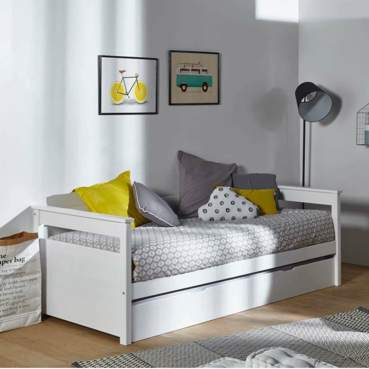Lit banquette gigogne Bois massif  IZAO blanc et bois, AKITEN RETAIL