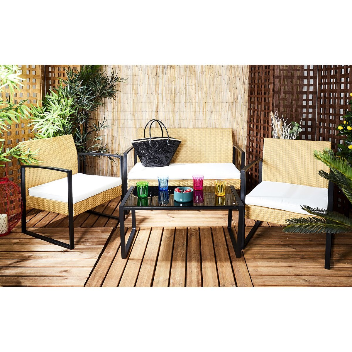 Salon de jardin 4 places effet cannage ALICANTE beige, TOILINUX