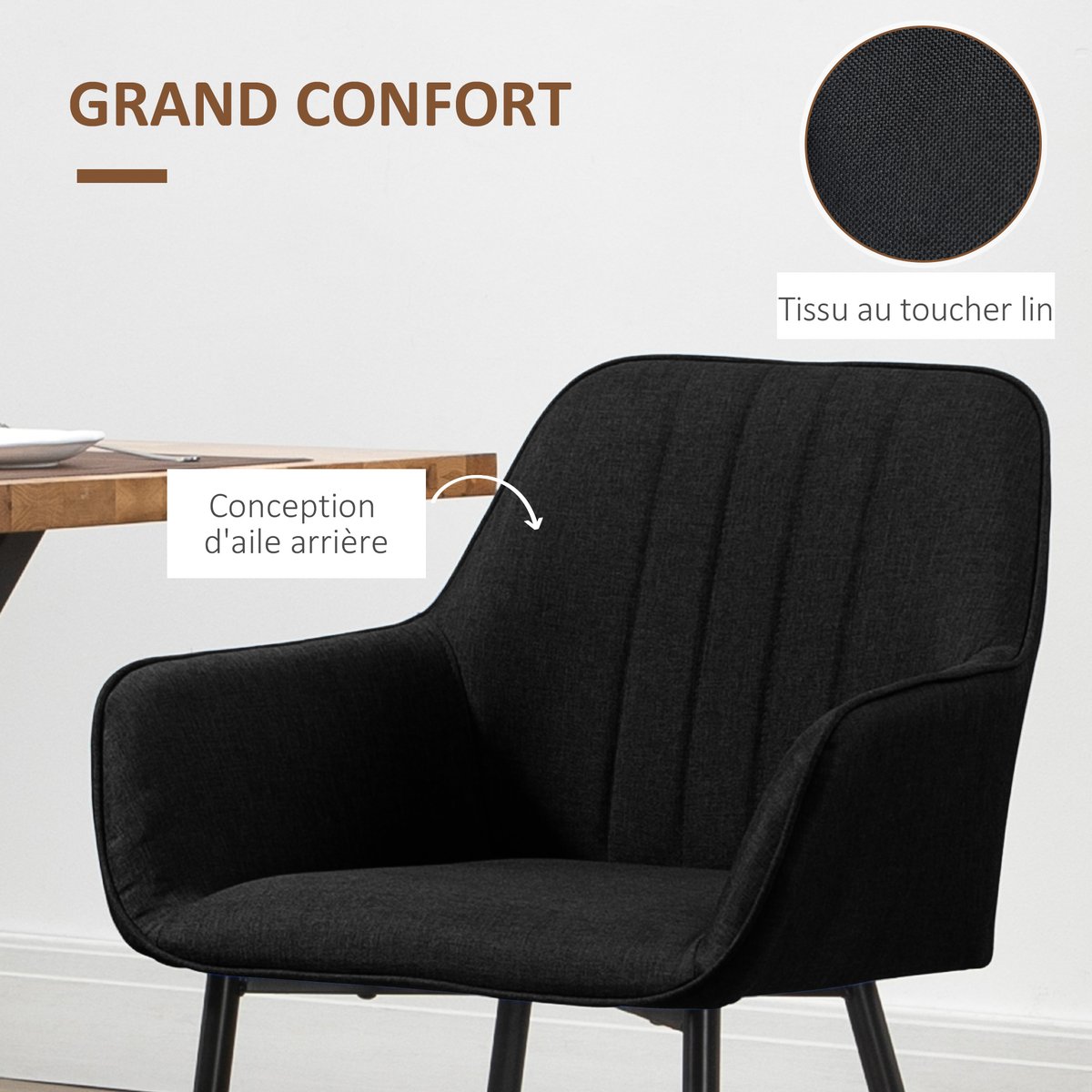 Chaise de salle à manger Lin (100% polyester) noir, HOMCOM