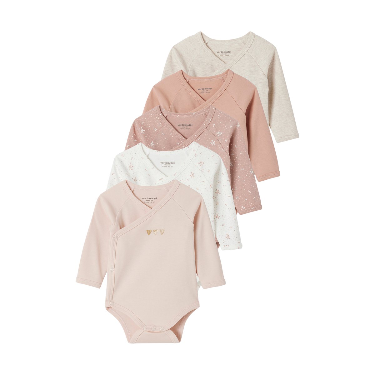 Lot 5 bodies "coeur" manches longues ouverture naissance en coton bio rose pâle, VERTBAUDET