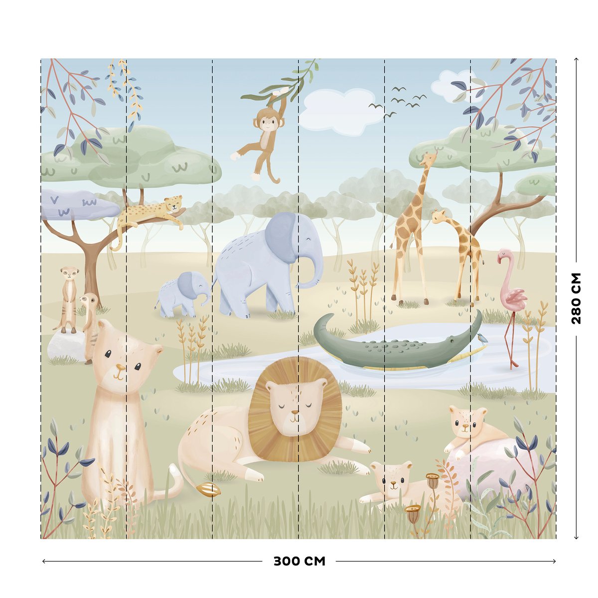 Papier peint panoramique pour enfant Petits animaux de la savanne coloris pastel, LITTLE DUTCH