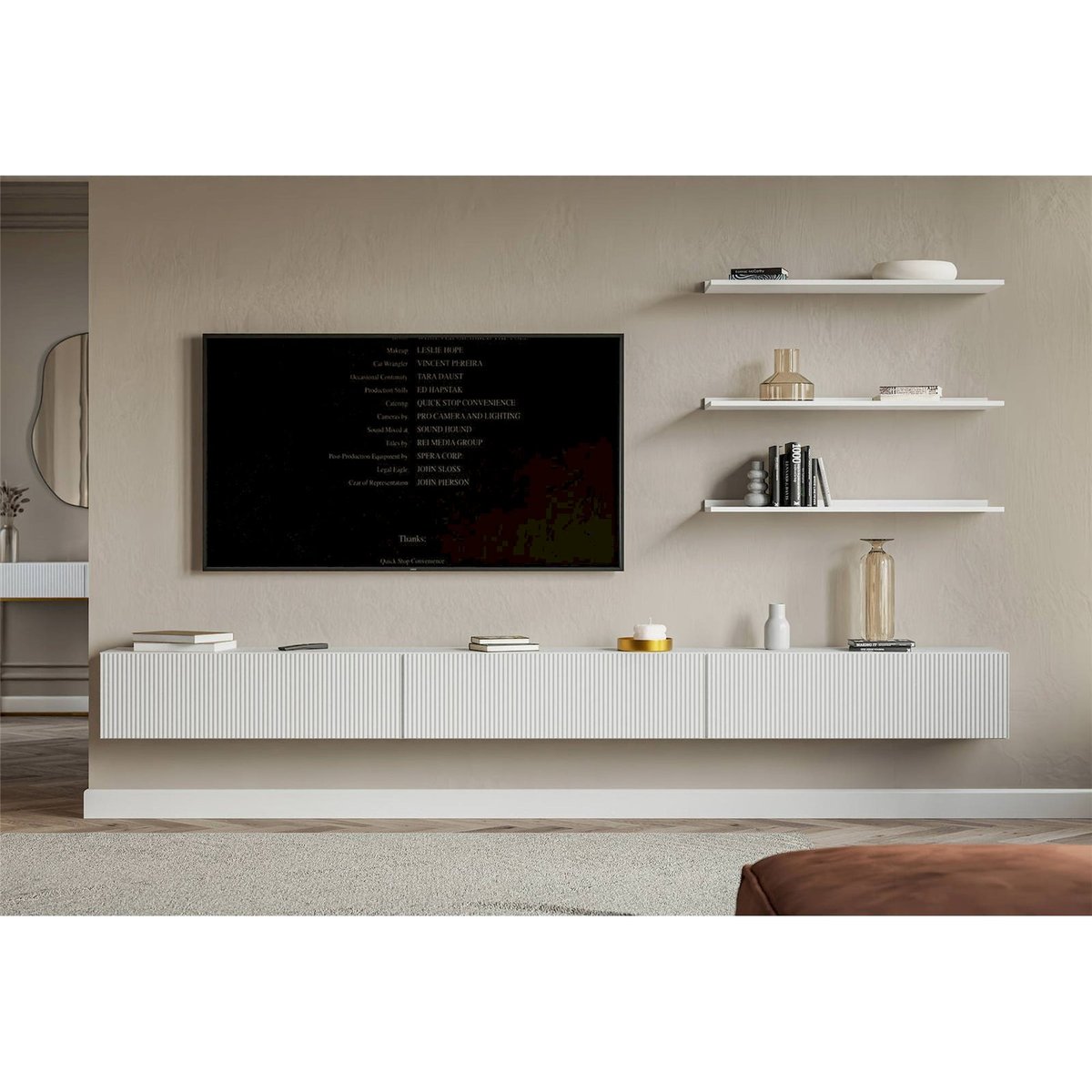 Meuble tv suspendu façade rainurée VELDIO blanc, RECOLLECTION