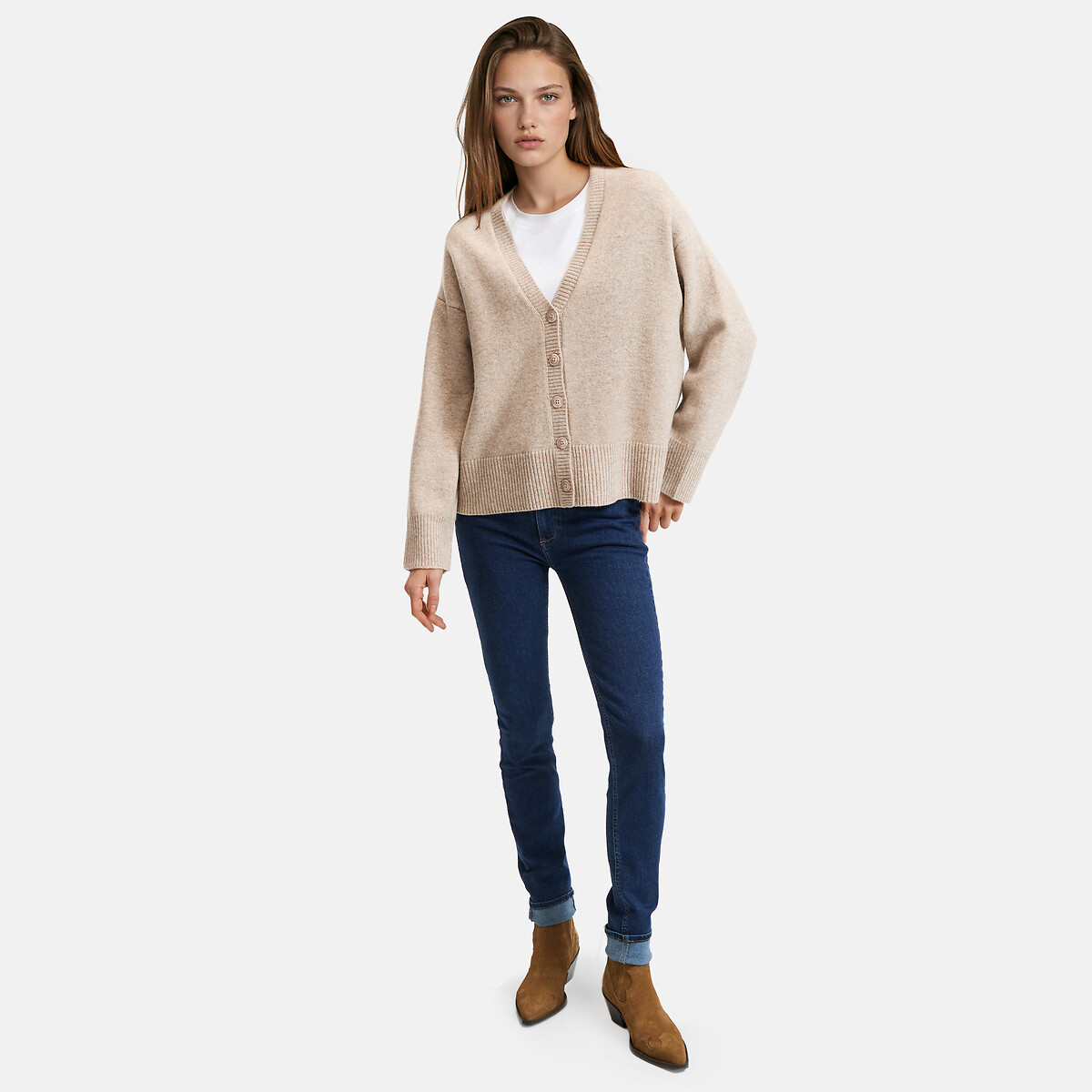 Gilet loose, en laine, en grosse maille beige chiné, LA REDOUTE COLLECTIONS