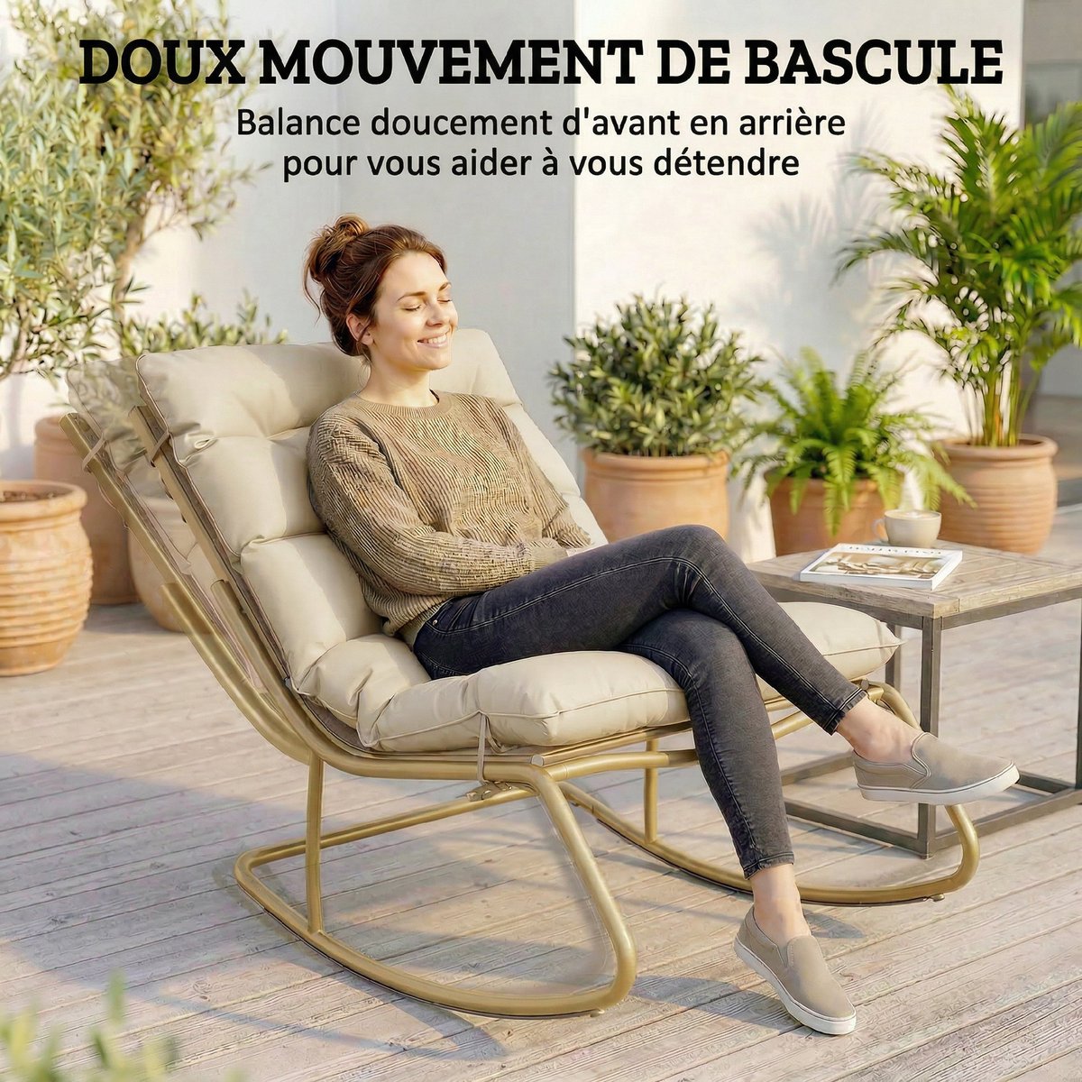 Fauteuil à bascule Acier Beige Kaki beige kaki, jaune, OUTSUNNY
