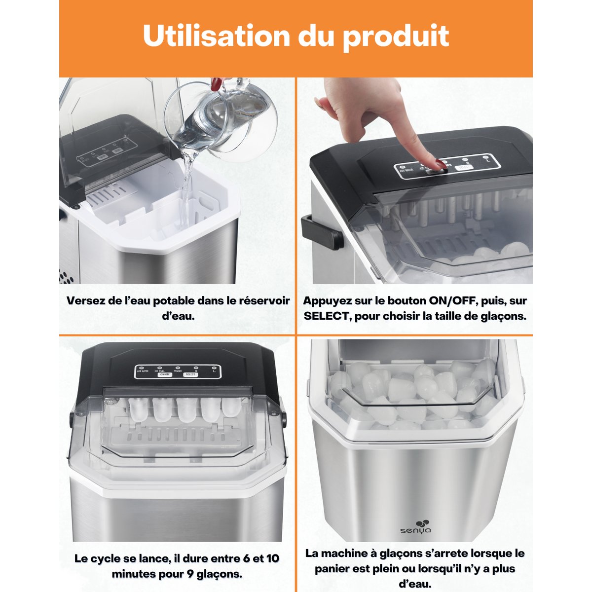 Machine à glaçons électrique portable – Glaçons en 6 min pour apéros et cocktails – 12Kg/24h – Réservoir 1,3 L gris, SENYA