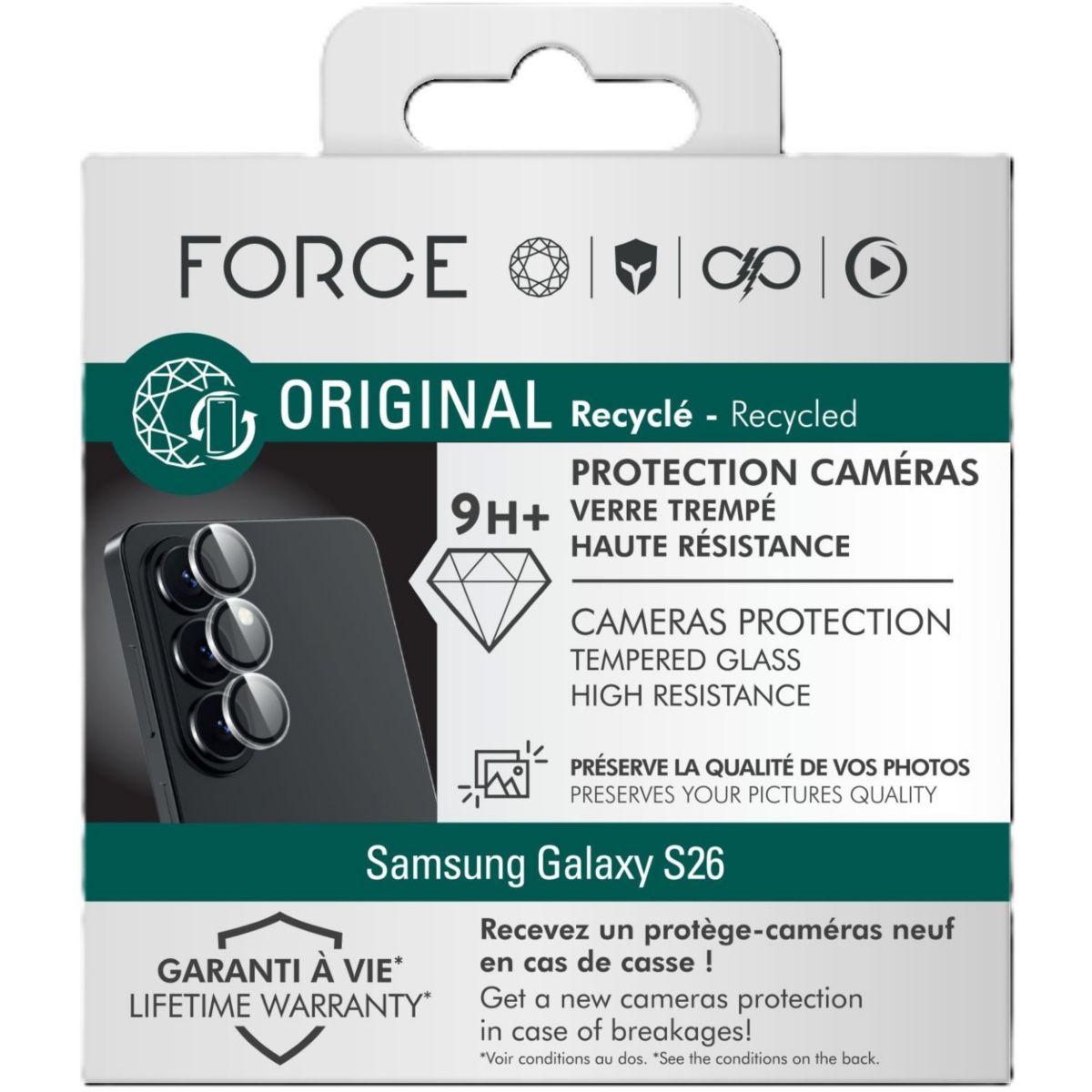 Protège écran objectif transparent x3 pour S26 couleur unique, FORCE GLASS