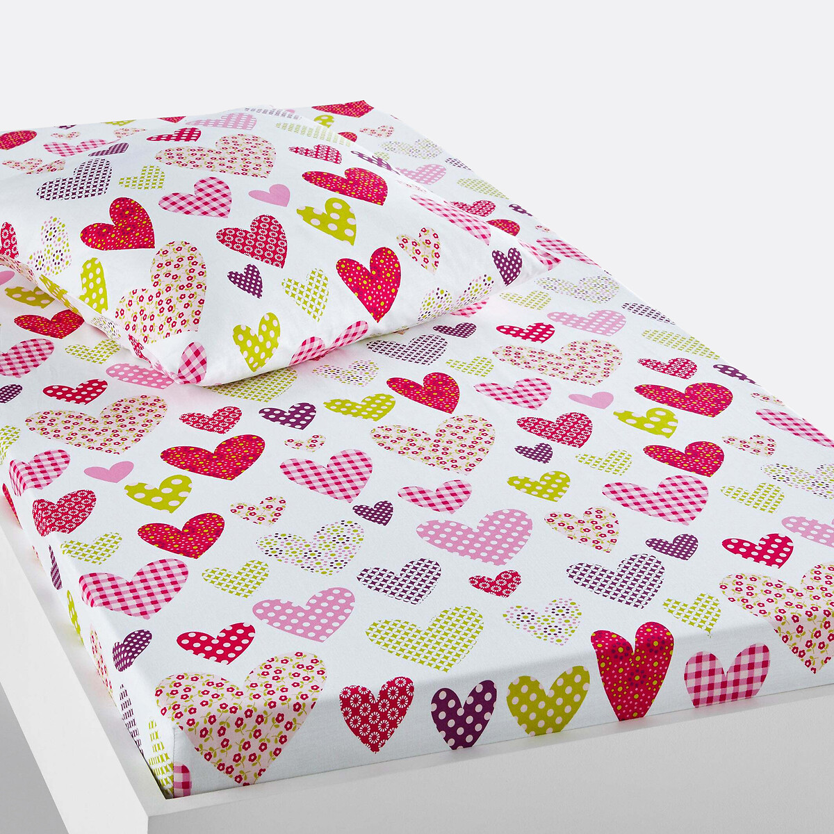 Drap-housse enfant pur coton, Coeur Liberté rose/vert/blanc, SO'HOME