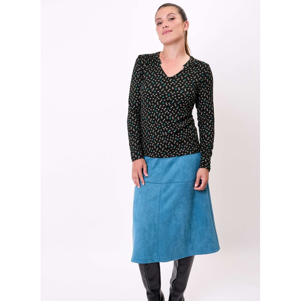 T-shirt imprimé fluide col V maille ORVAR noir turquoise, LA FIANCÉE