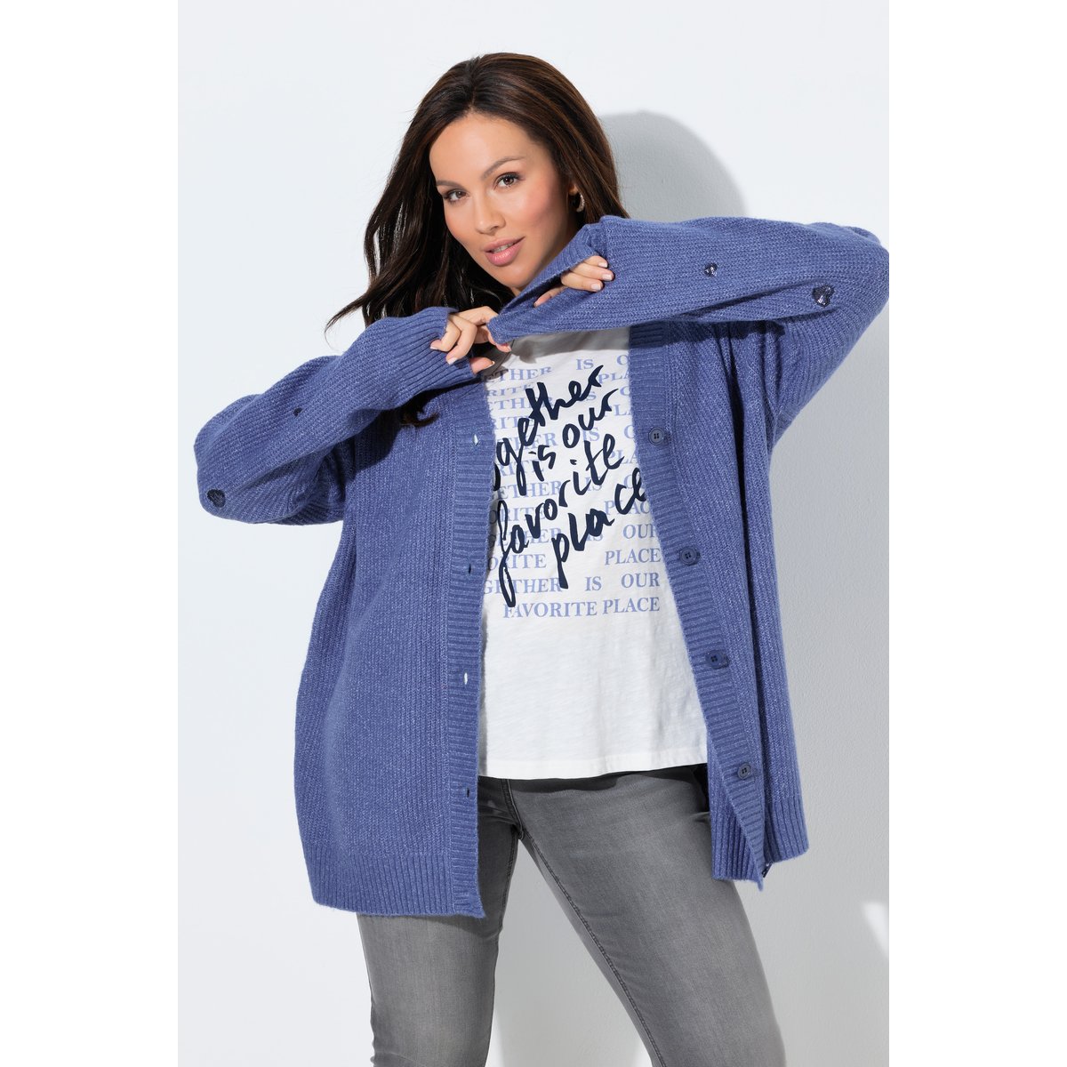 Cardigan col en V et manches longues bleu atlantique, ULLA POPKEN