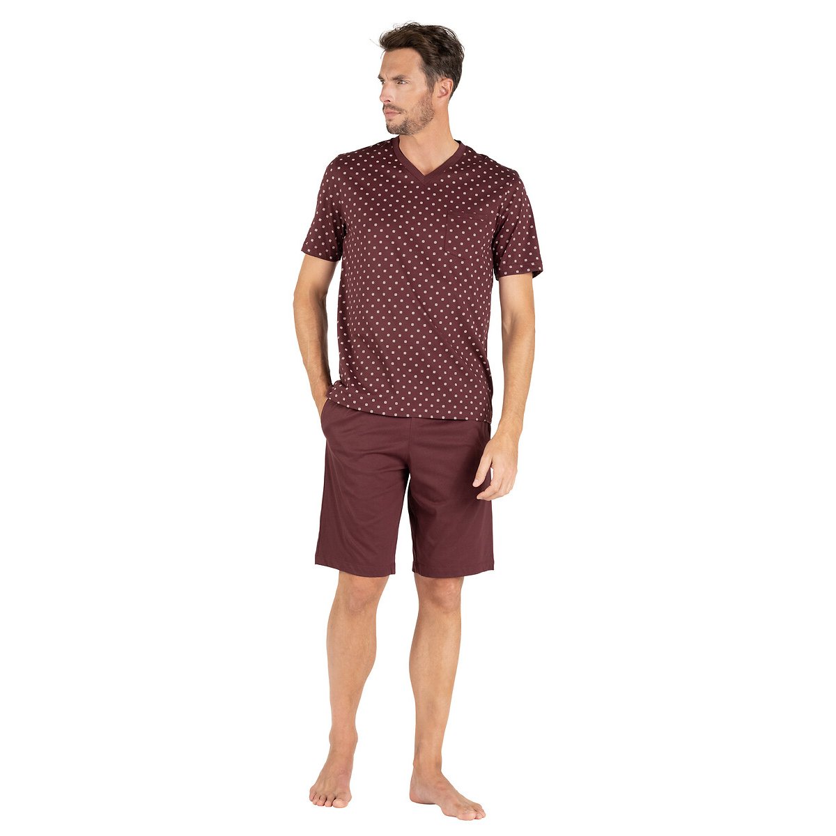 Pyjashort en coton mercerisé et motif haut bordeaux, EMINENCE