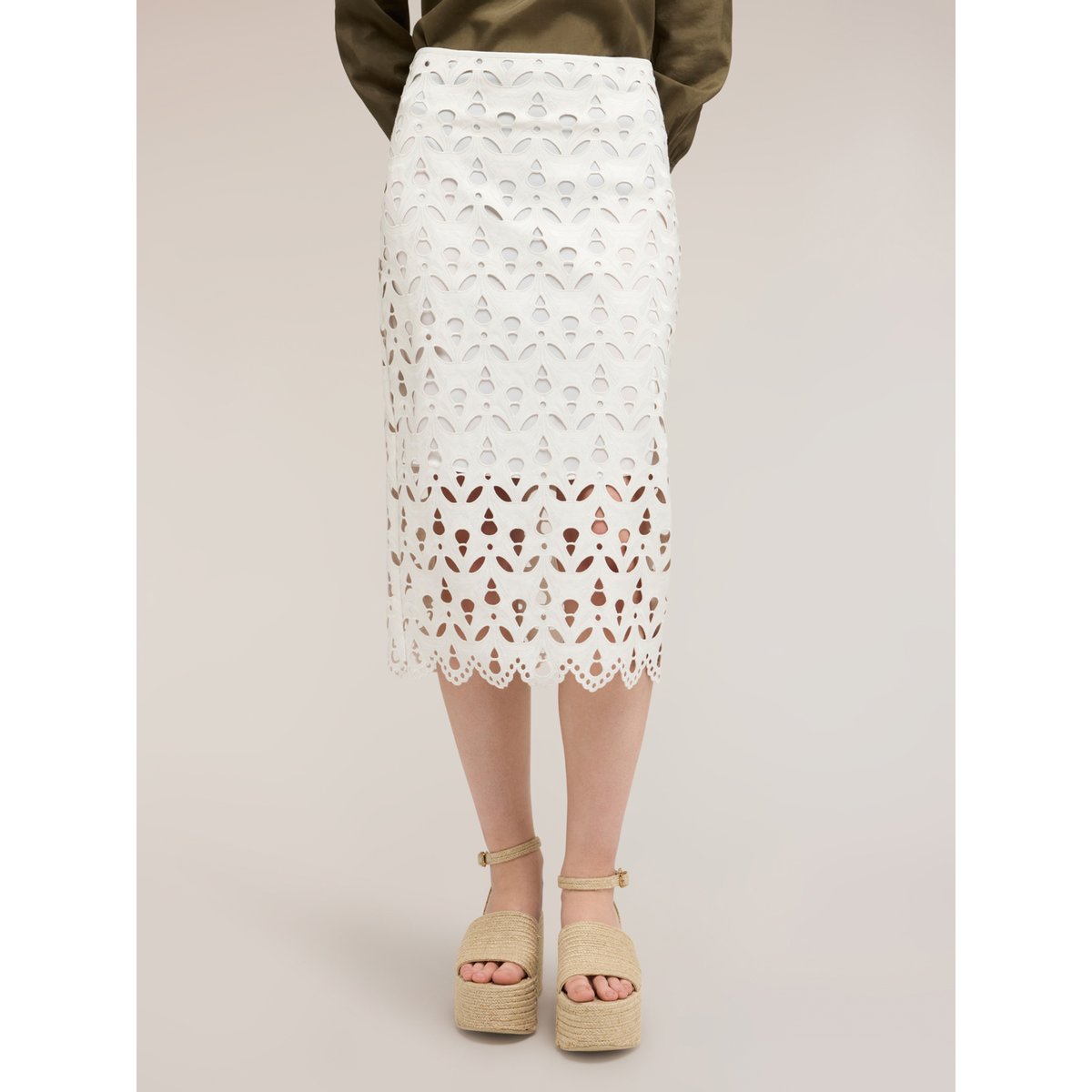 Jupe crayon effet broderie anglaise blanc, MOTIVI