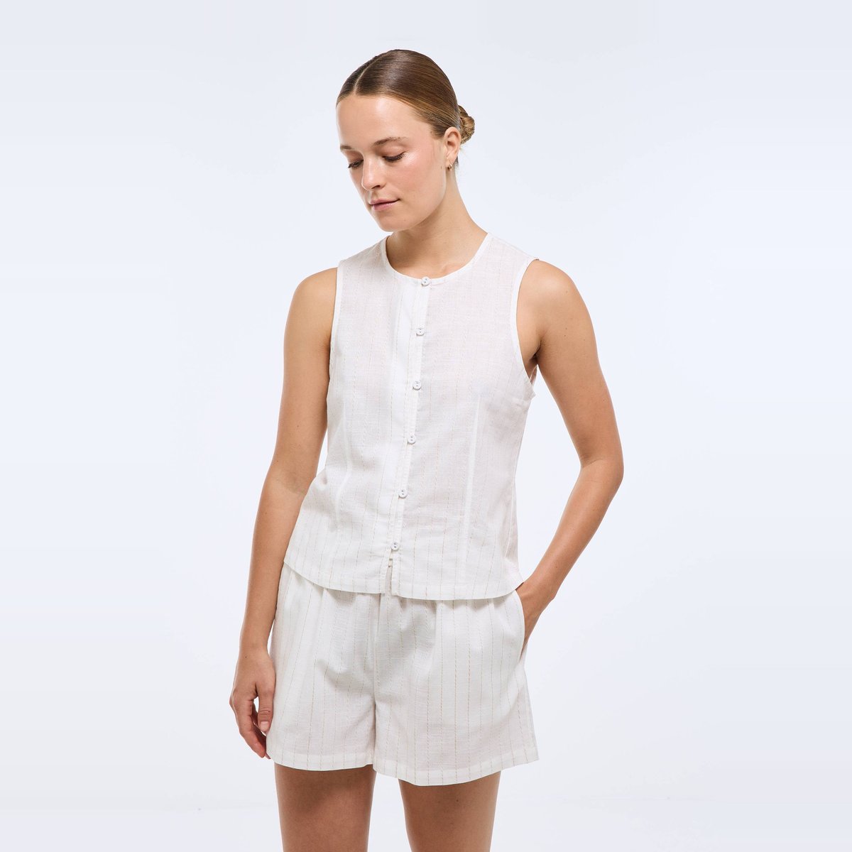 Pyjashort sans manches en coton ecru, MONOPRIX