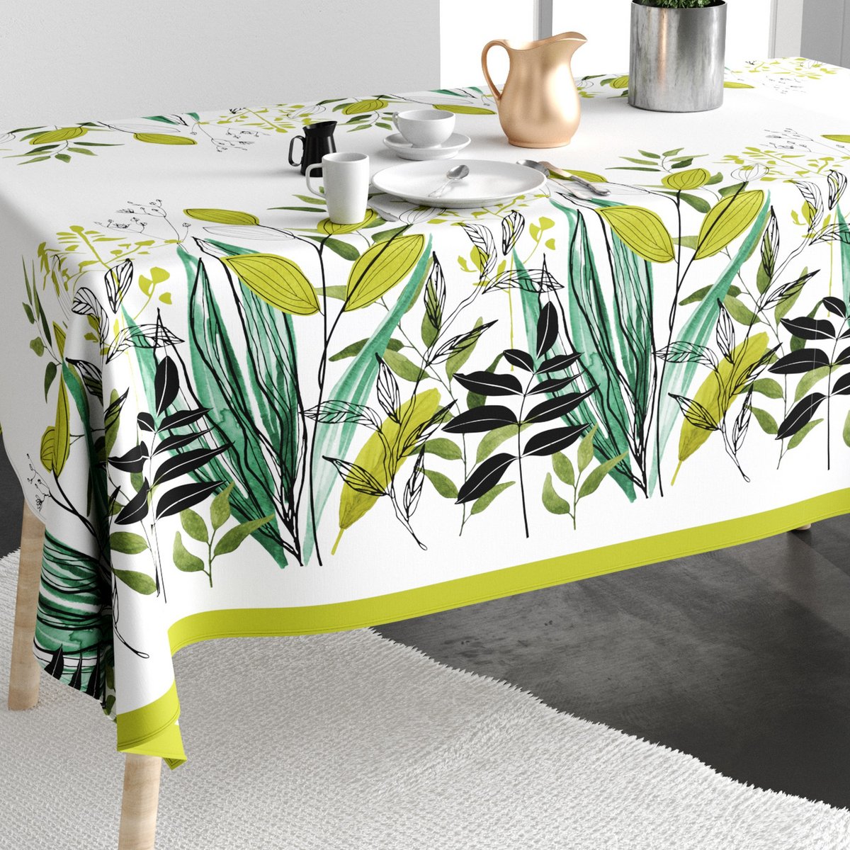 Nappe rectangulaire anti tache Coton Herbier vert, EDEN