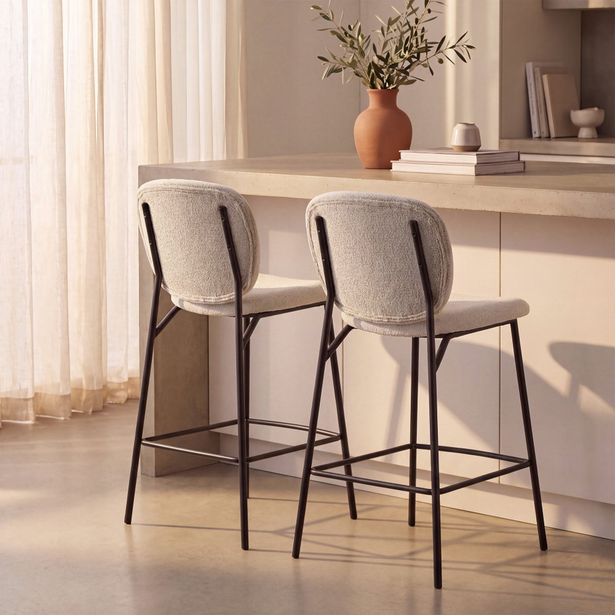 Lot de 2 tabourets de bar en tissu et métal H65cm- DALBY écru chiné, DRAWER