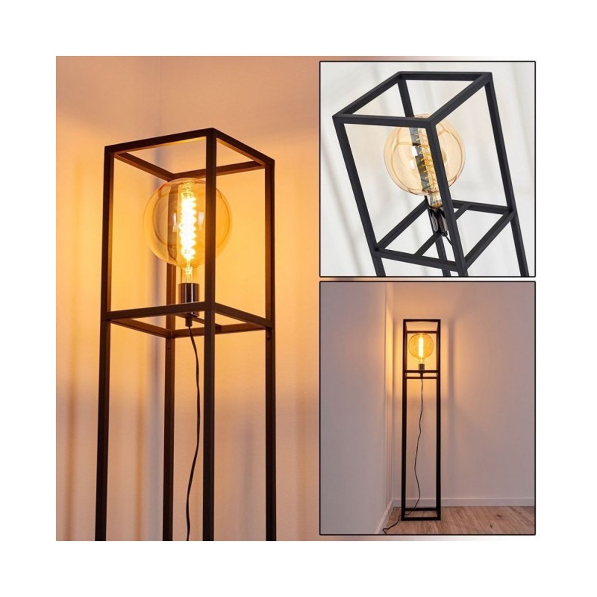 Lampadaire rectangulaire Cage noir Pour Ampoule E27 noir, MILLUMINE