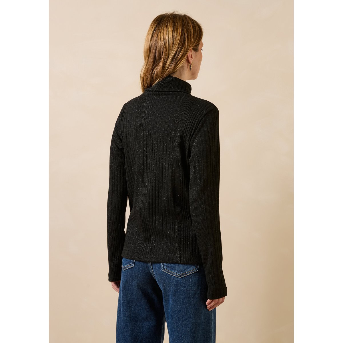 T-shirt en maille côtelée manches longues col roulé noir, LA FEE MARABOUTEE