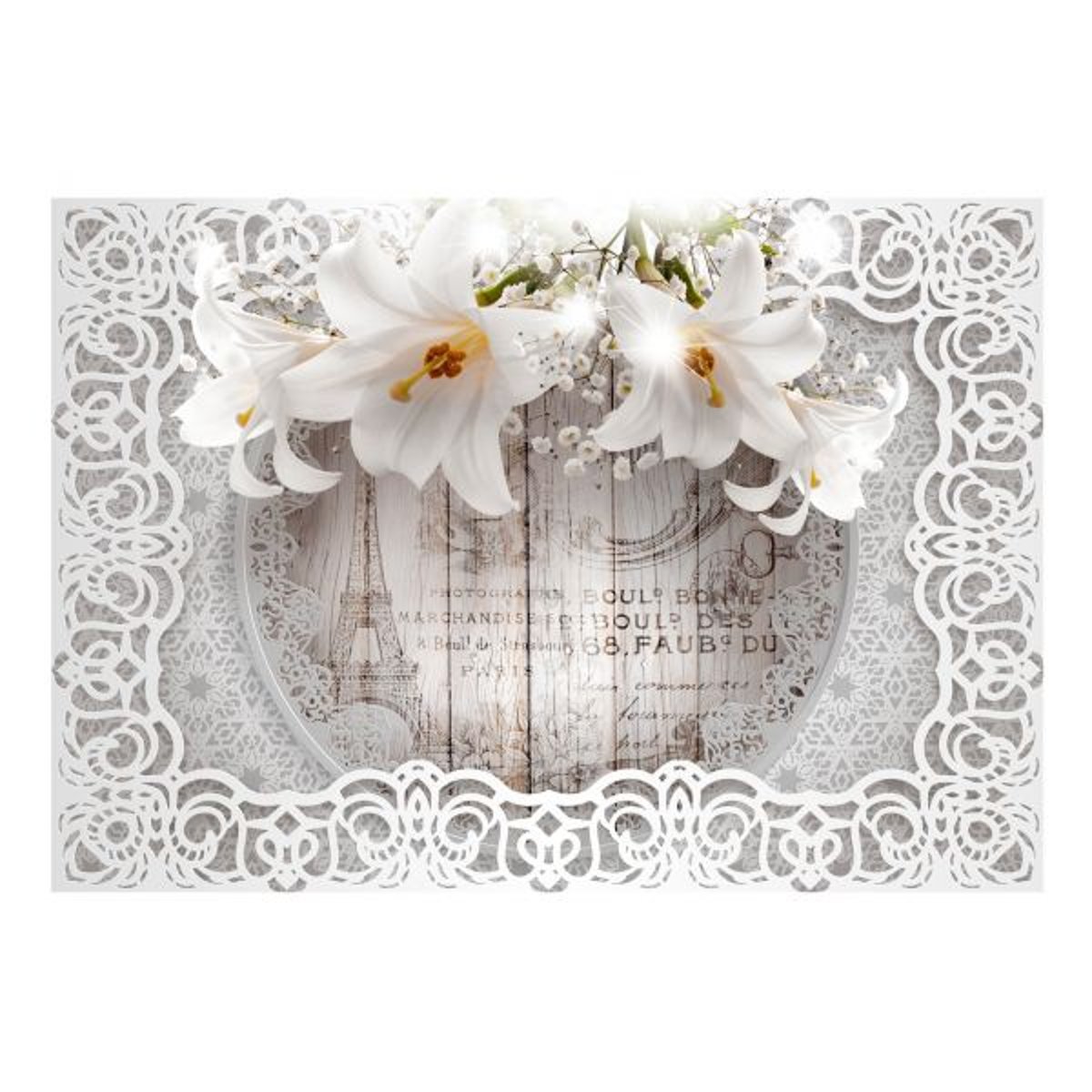 Papier peint intissé panoramique Fleurs Lilies and Wooden Background jaune / doré, EDEN