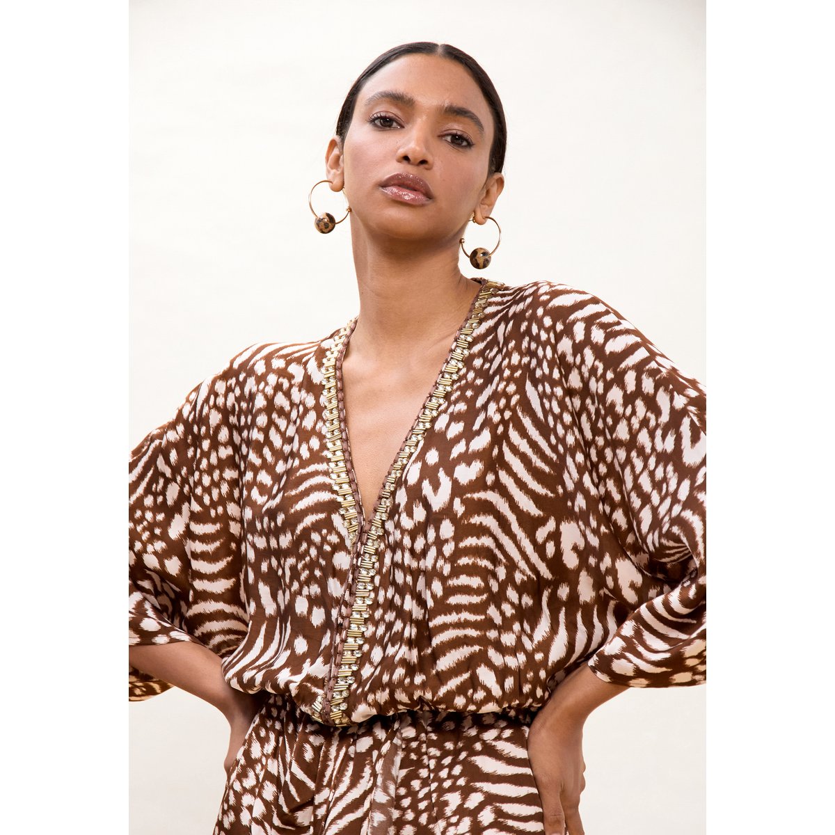 Robe longue style kaftan imprimé animal marron, LOLA CASADEMUNT