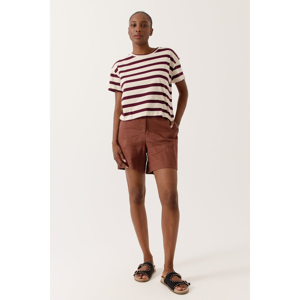T-shirt à rayures manches courtes col rond DELMEA brown, ARTLOVE
