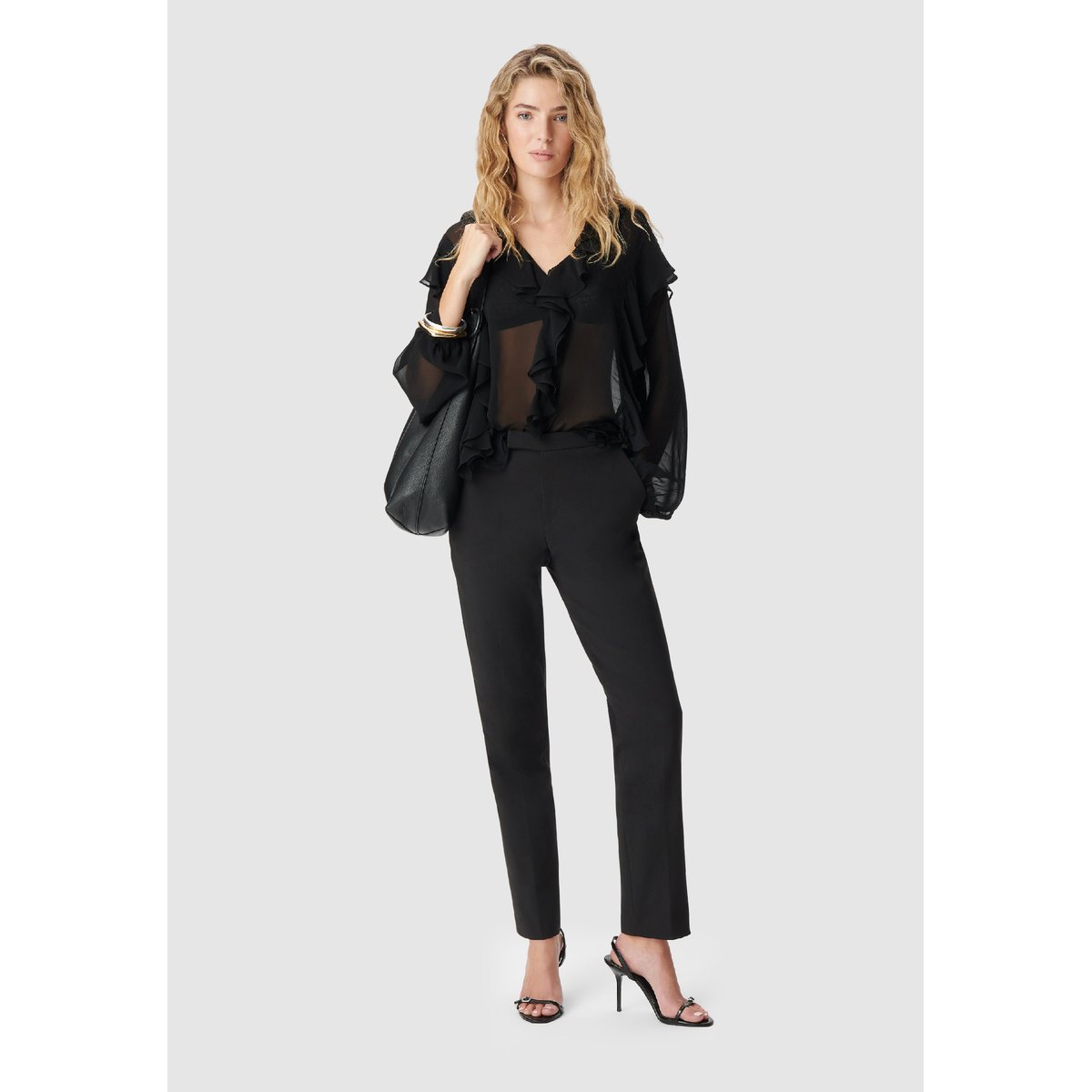 Blouse fluide à jabot et volants noir, IKKS