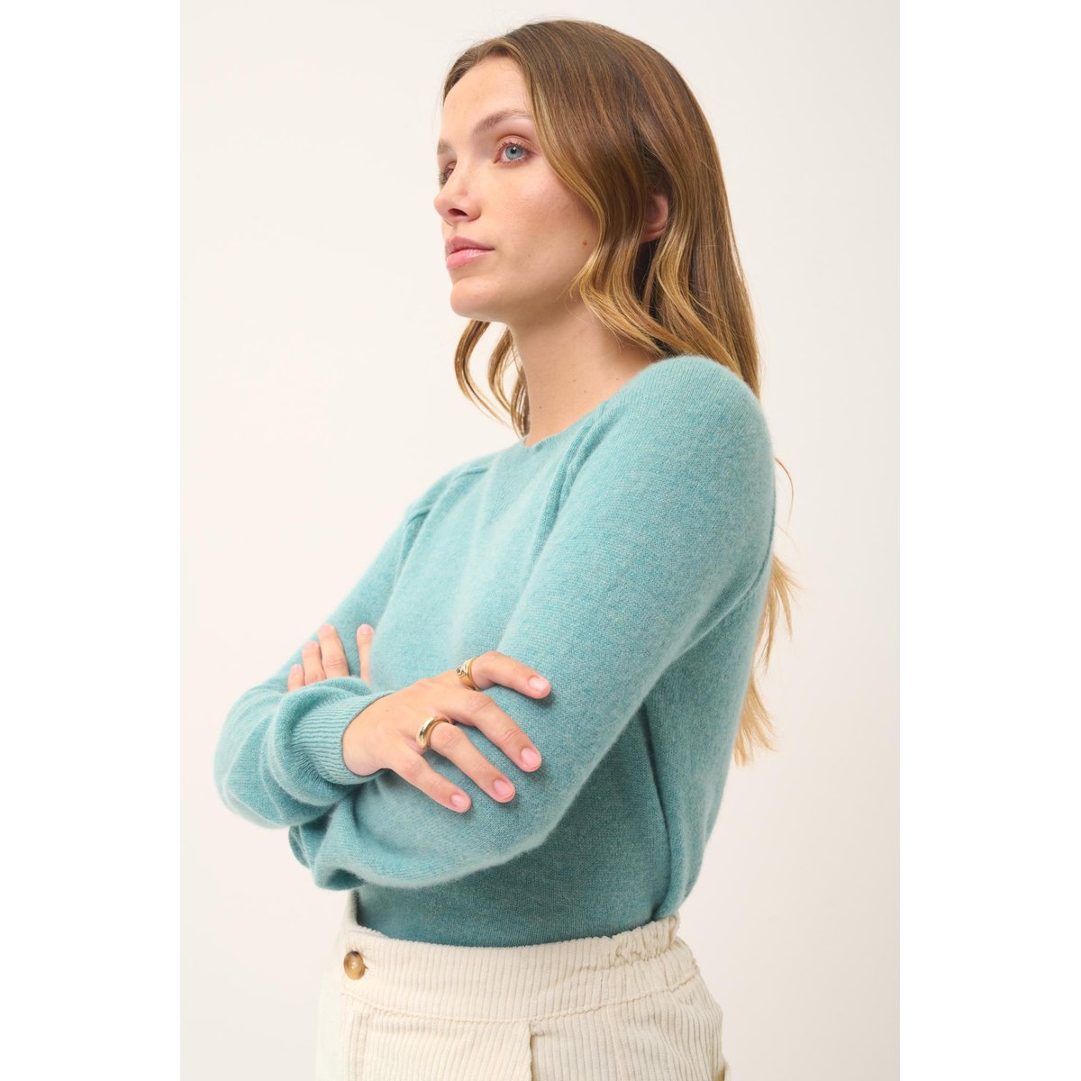 Pull Col Rond Vert Chiné Helen vert, JUST CASHMERE