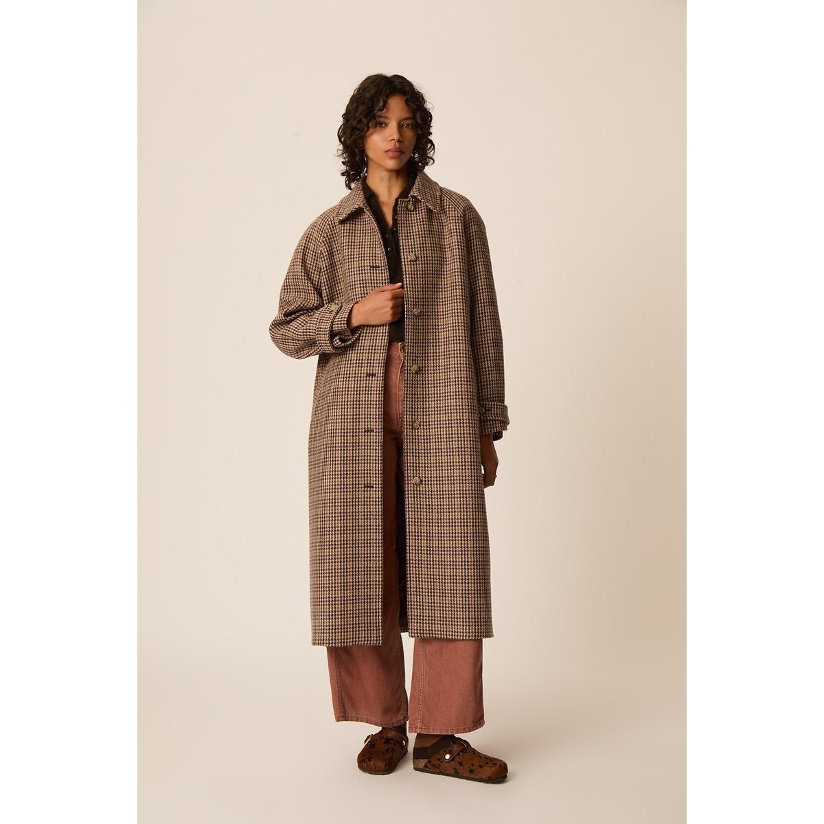 Yonique Checked Wool Blend Long Coat brown checks, DES PETITS HAUTS