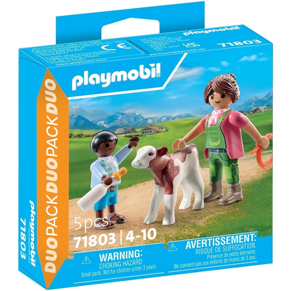 Duo : Fermière avec enfant donnant le biberon à un veau multicolore, PLAYMOBIL