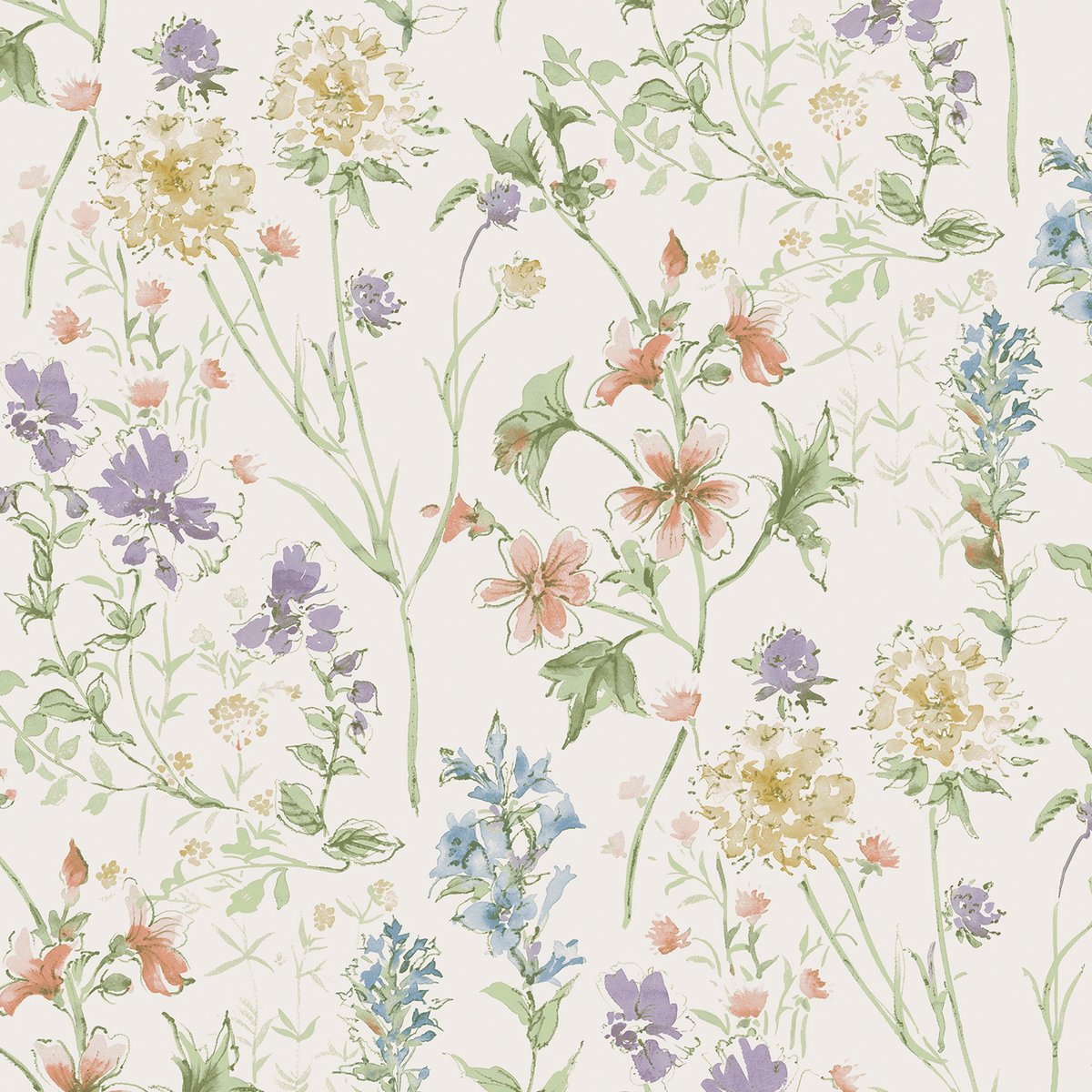 Papier peint herbier fleuri Wild Meadow parme, bleu, corail, vert, crème, LAURA ASHLEY