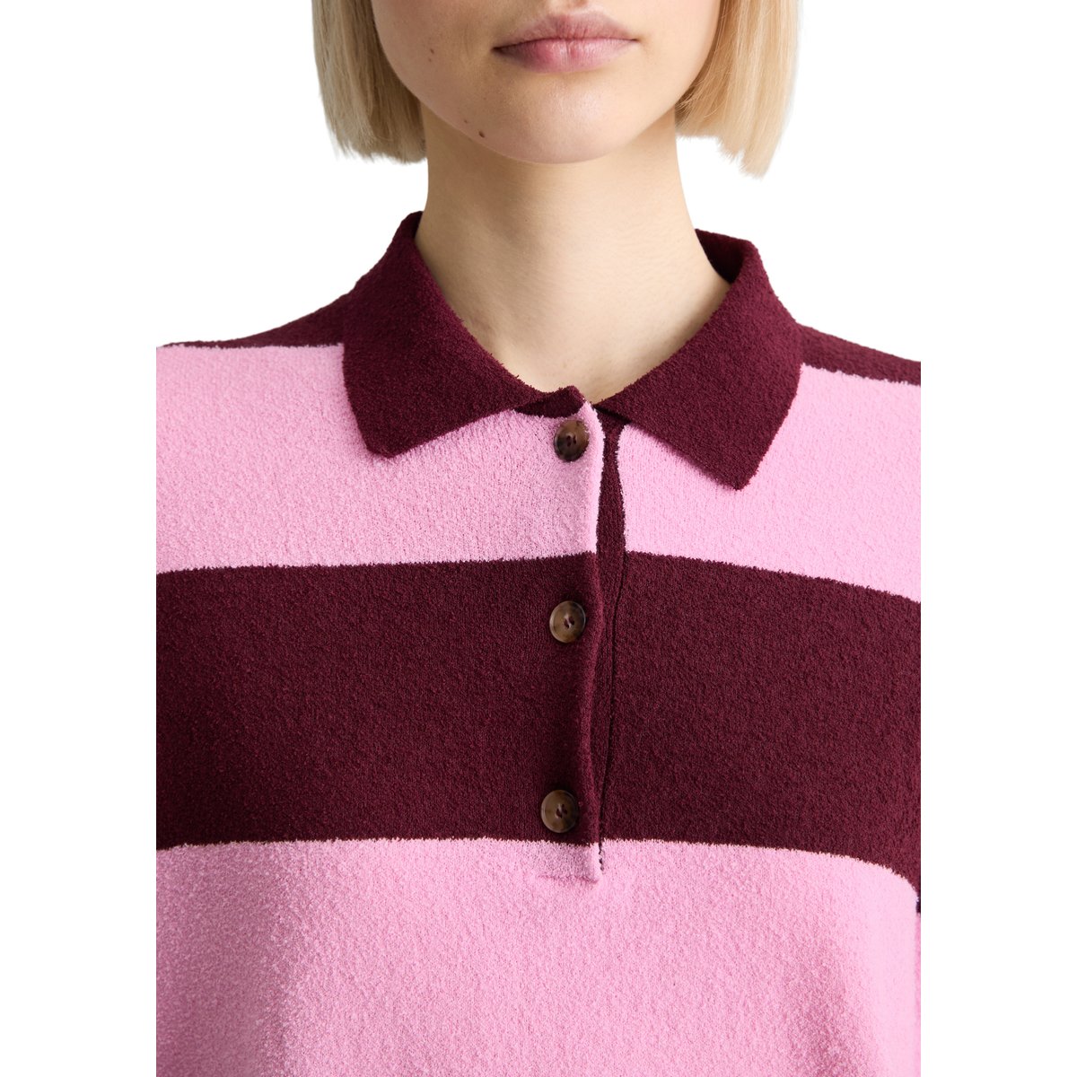 Polo en tricot régulier en mélange Crinkled Organic Cotton rose bonbon, MARC O’POLO DENIM