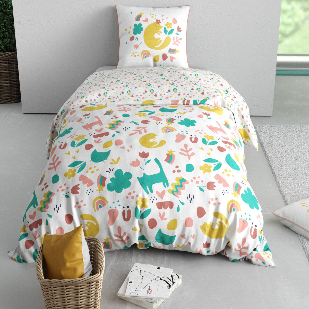 Parure housse de couette coton imprimée, Minou rose, C DESIGN HOME TEXTILE