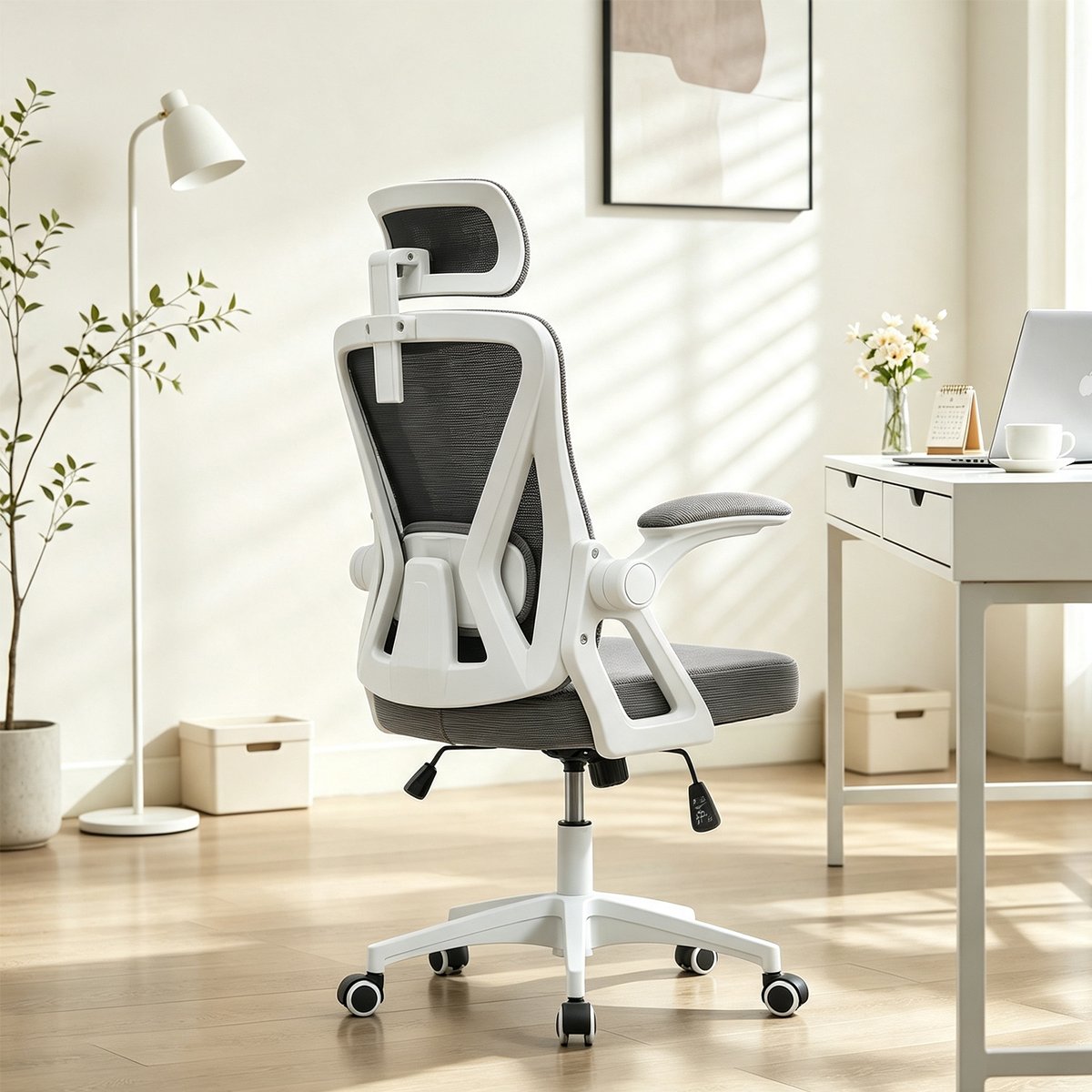 Chaise de bureau ergonomique pivotante réglable en hauteur, DARVEN gris, MEUBLES COSY