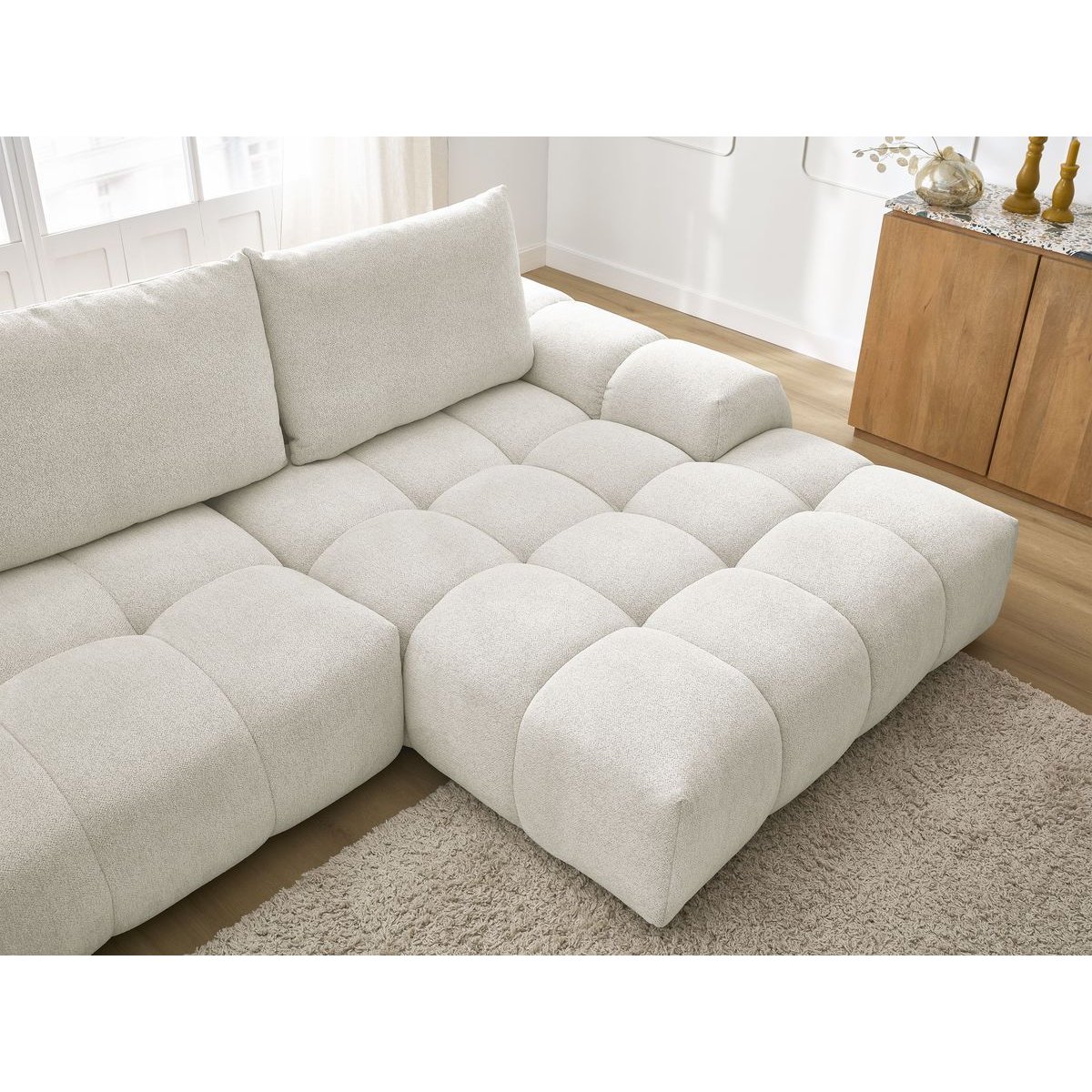 Canapé d'angle convertible 3 places en tissu chiné, EVEREST blanc, BOBOCHIC
